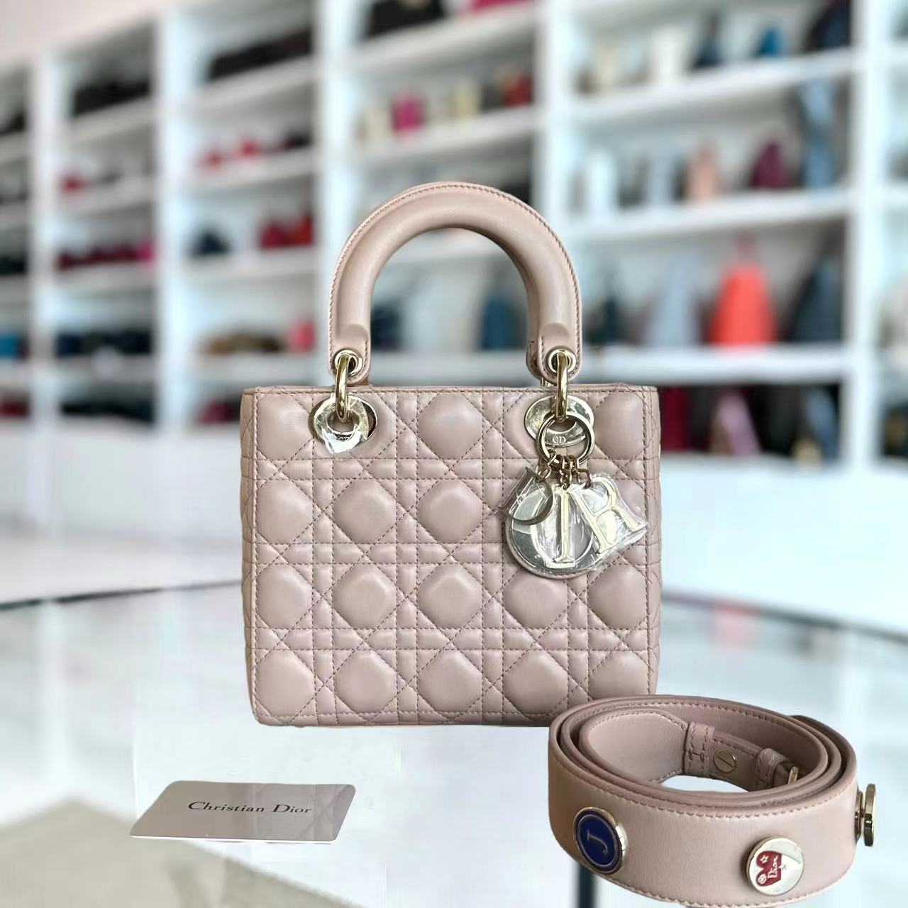 Dior Lady Small Cannage Lambskin Nude Pink Charm Badge ABC MYABC LGHW - Luxury Evermore