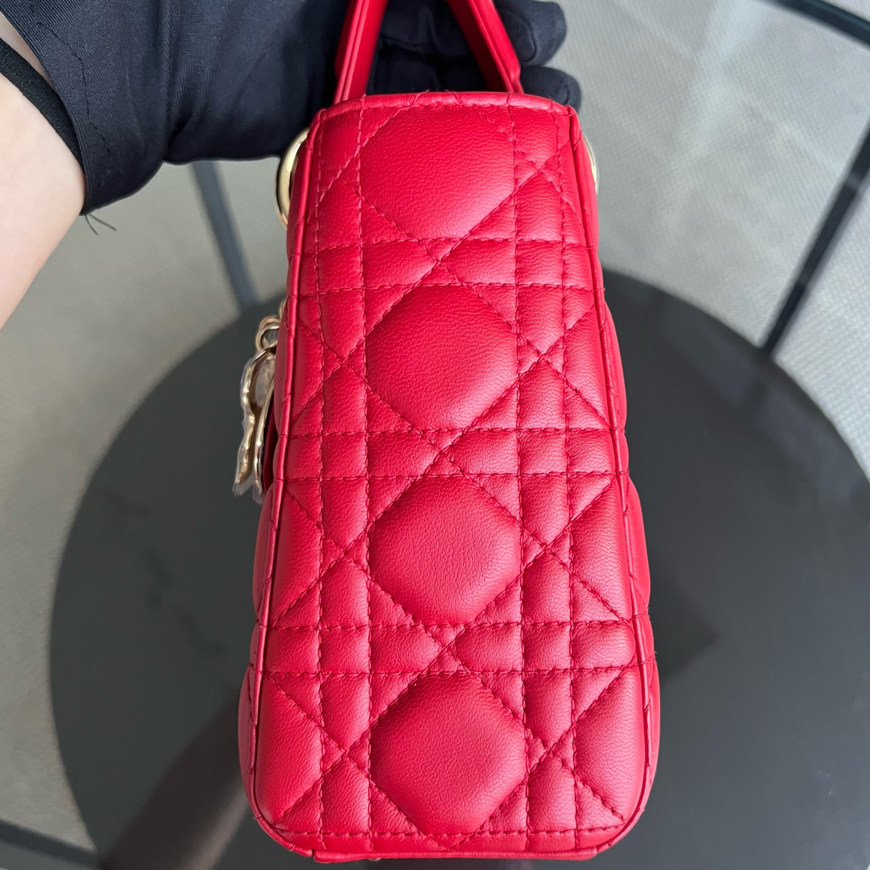Dior Lady Small Cannage Lambskin Red Golden Hardware - Luxury Evermore