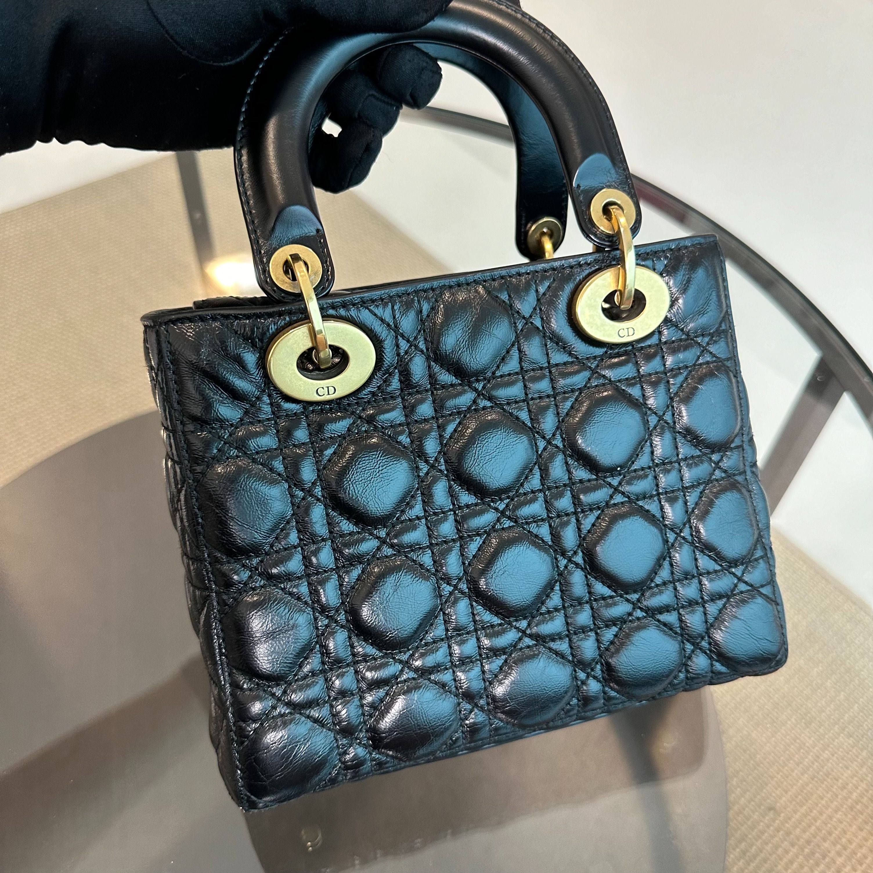 Dior Lady Small Glazed Calfskin Black RGHW - Luxury Evermore