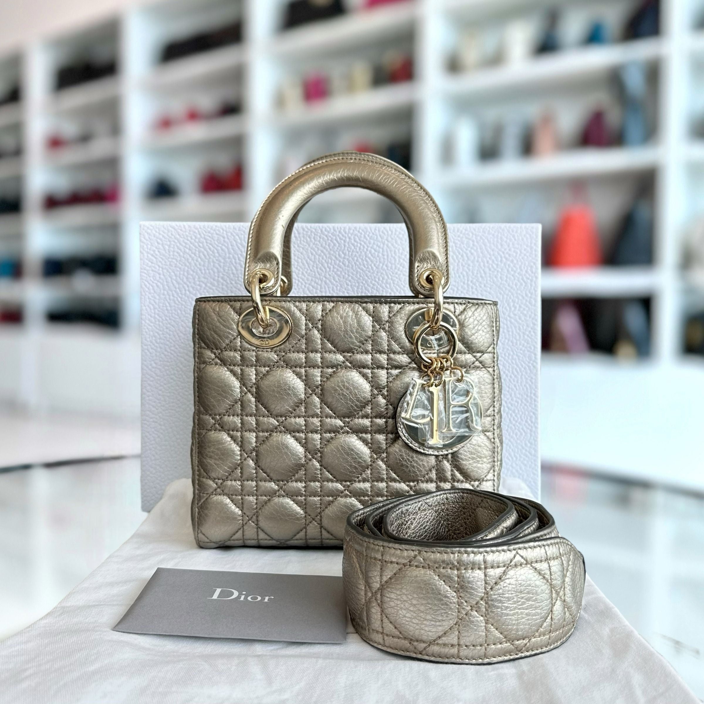 Dior Lady Small Grained Calfskin Metallic Gold GHW - Luxury Evermore