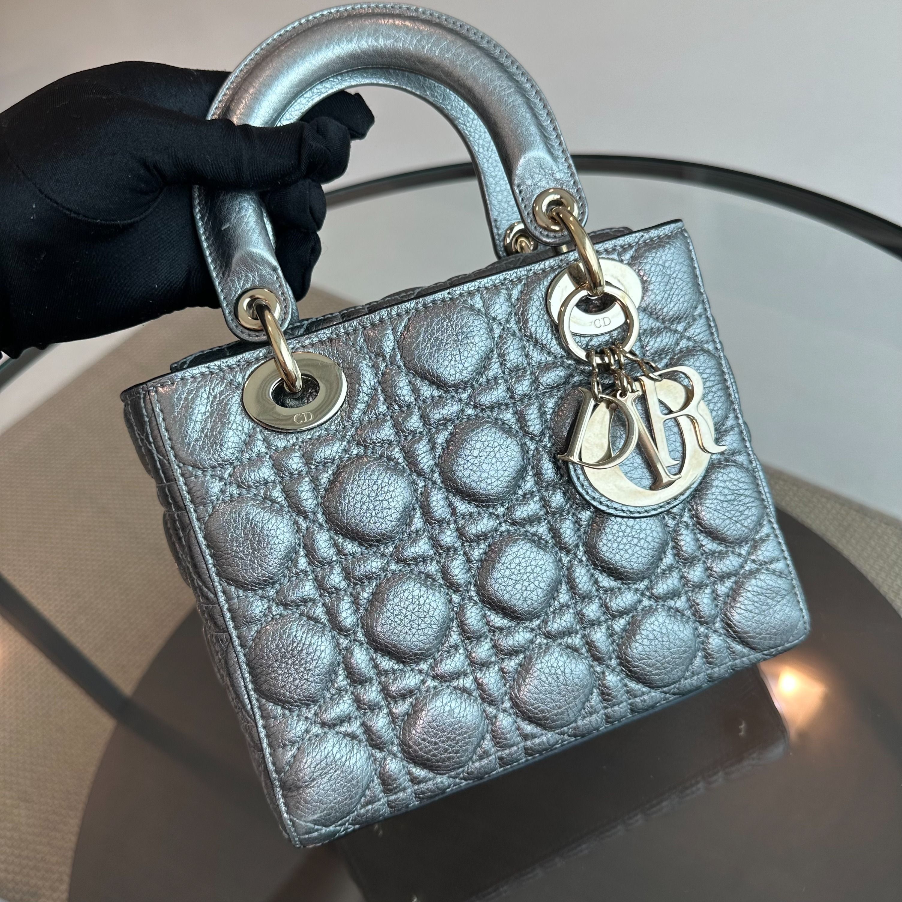Dior Lady Small Grained Calfskin Metallic Gunmetal GHW - Luxury Evermore