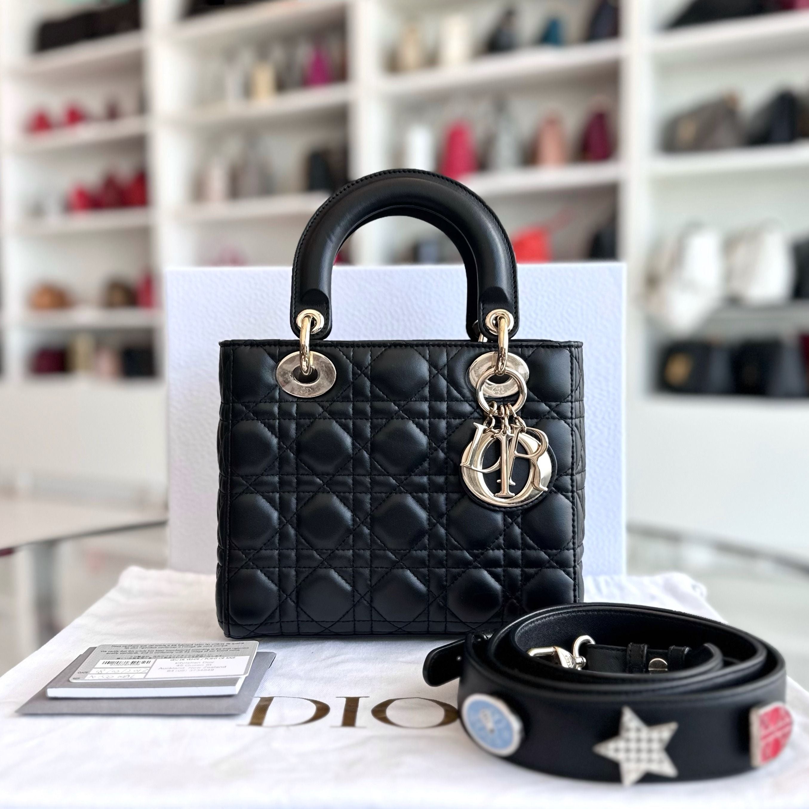Dior Lady Small Lambskin Black Cannage Charm Badge ABC GHW - Luxury Evermore