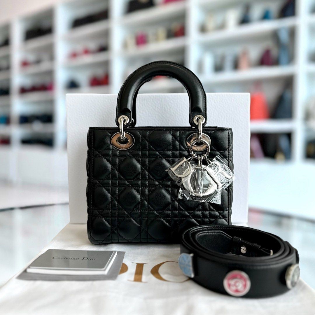 Dior Lady Small Lambskin Cannage Badge Charm ABC Black SHW - Luxury Evermore