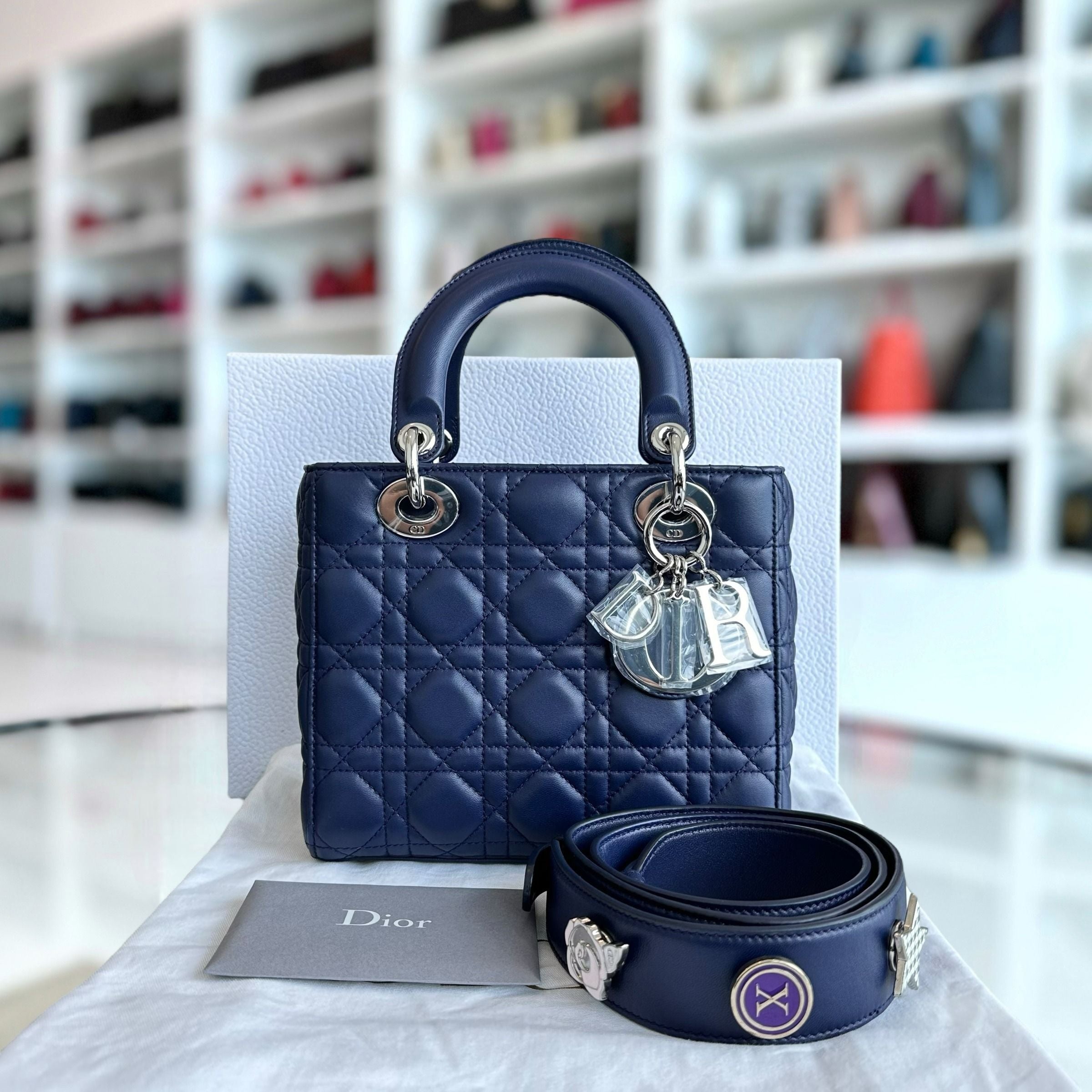Dior Lady Small Lambskin Cannage Charm Badge ABC Dark Blue SHW - Luxury Evermore