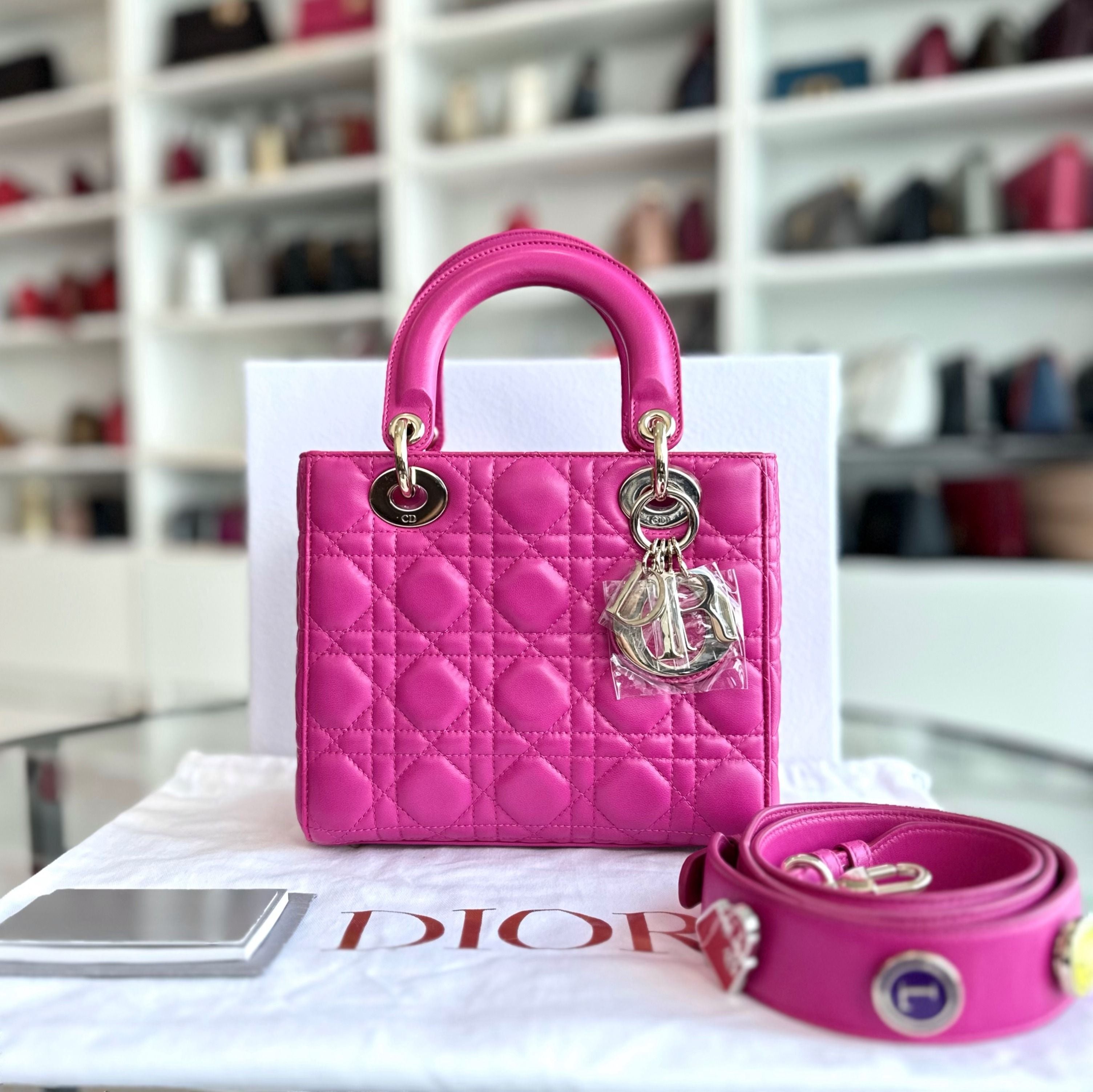 Dior Lady Small Lambskin Cannage Hot Pink Charm Badge GHW - Luxury Evermore