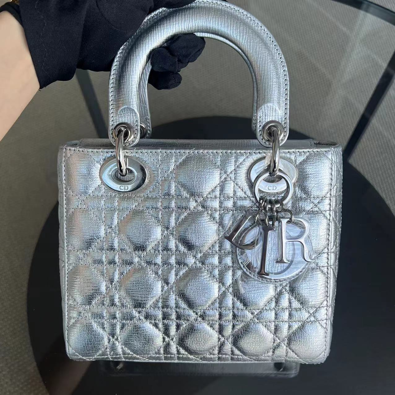 Dior Lady Small Metallic Calfskin Cannage ABC MyABC Silver Hardware - Luxury Evermore