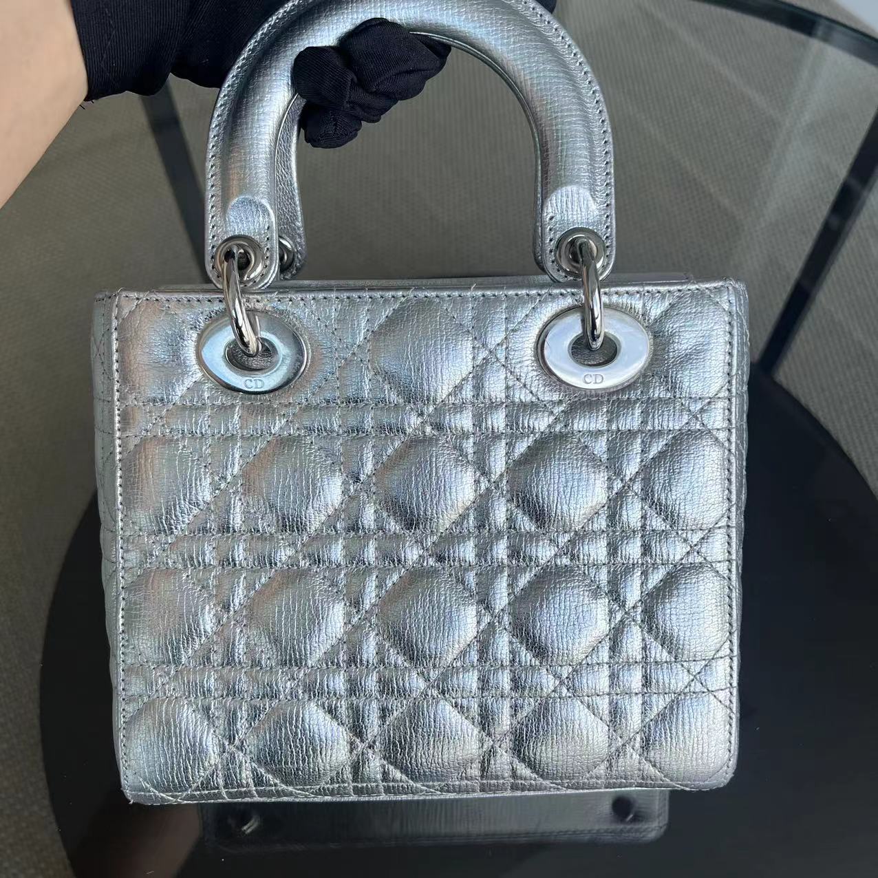 Dior Lady Small Metallic Calfskin Cannage ABC MyABC Silver Hardware - Luxury Evermore