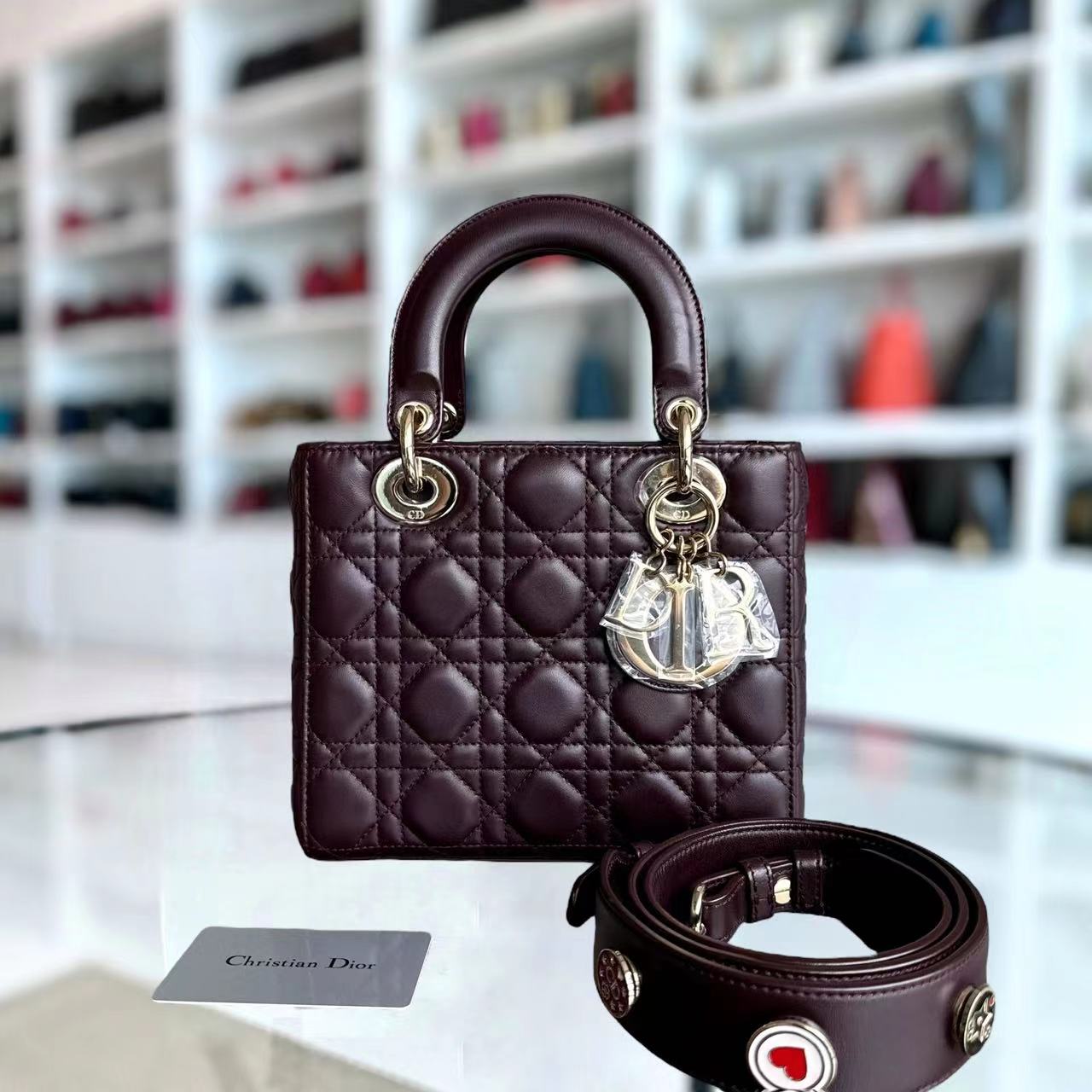 Dior My Lady Small Cannage Lambskin Burgundy Red My ABC Charm Badge GHW - Luxury Evermore