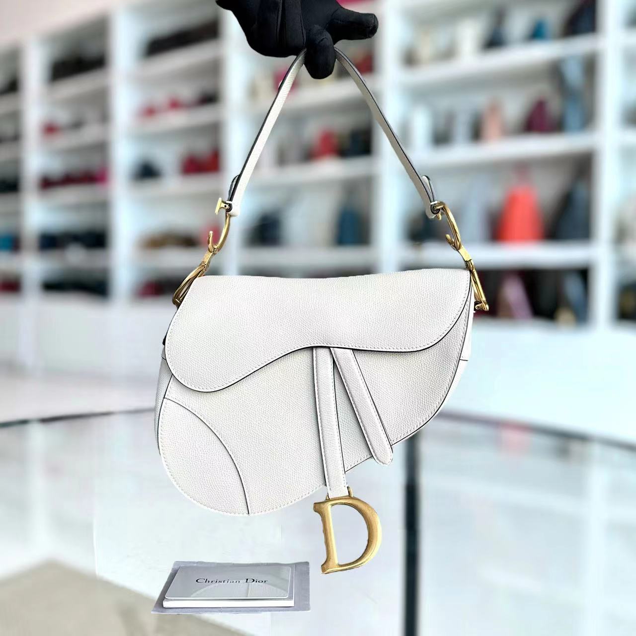 Dior Saddle Medium Grained Calfskin White GHW - Luxury Evermore