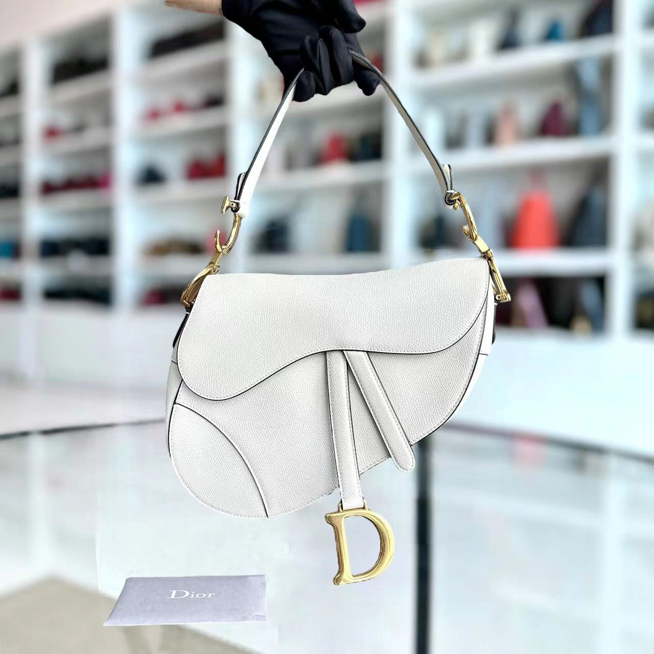 Dior Saddle Medium Grained Calfskin White Golden Hardware - Luxury Evermore