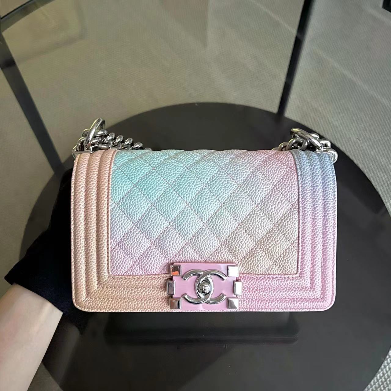 *Unused* Caviar Boy Rainbow Small Quilted Grained Calfskin Multicolor Silver Hardware Series 25