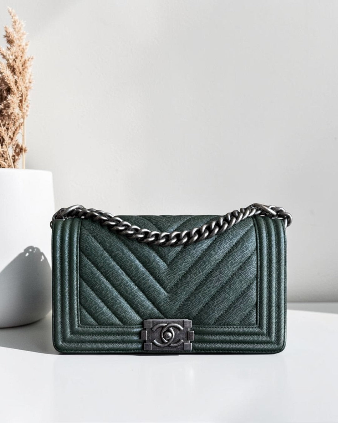 Chanel Boy Medium - Caviar 25CM Chevron Dark Green Ruthenium Silver Hardware Series 26