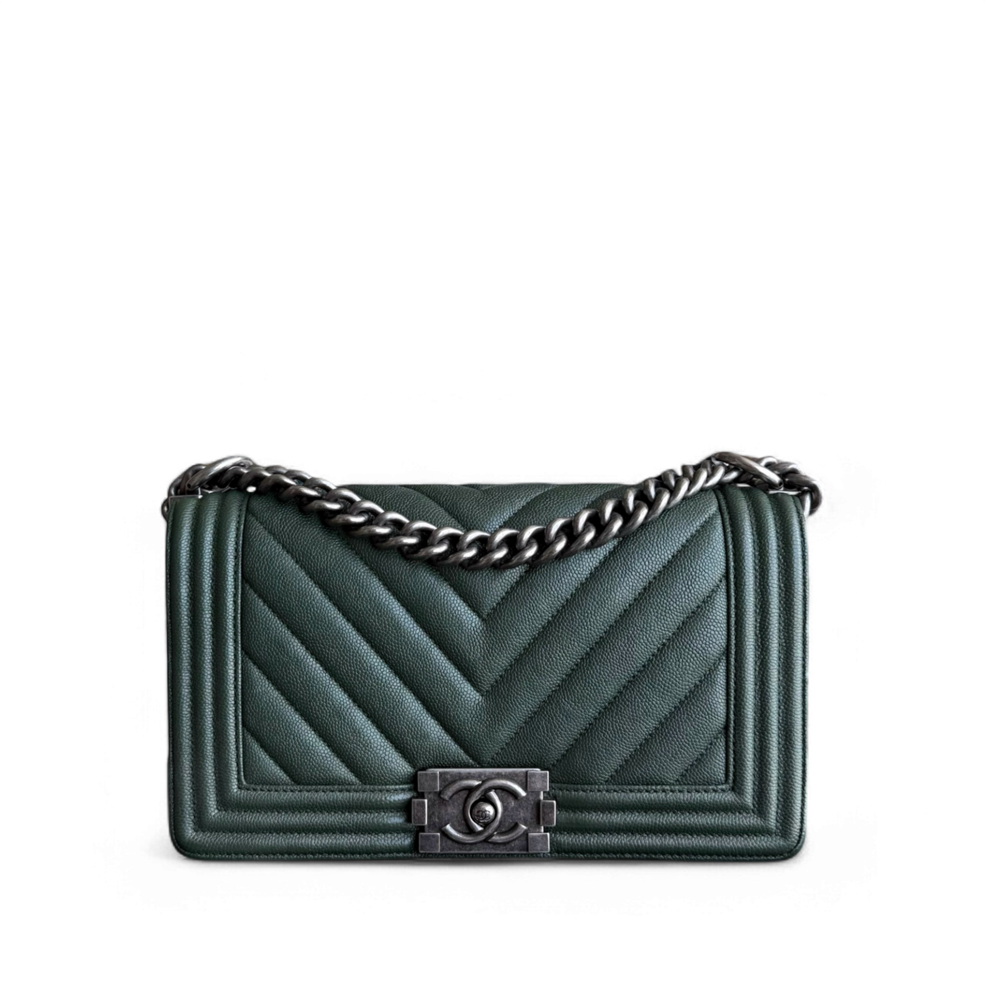 Chanel Boy Medium - Caviar 25CM Chevron Dark Green Ruthenium Silver Hardware Series 26