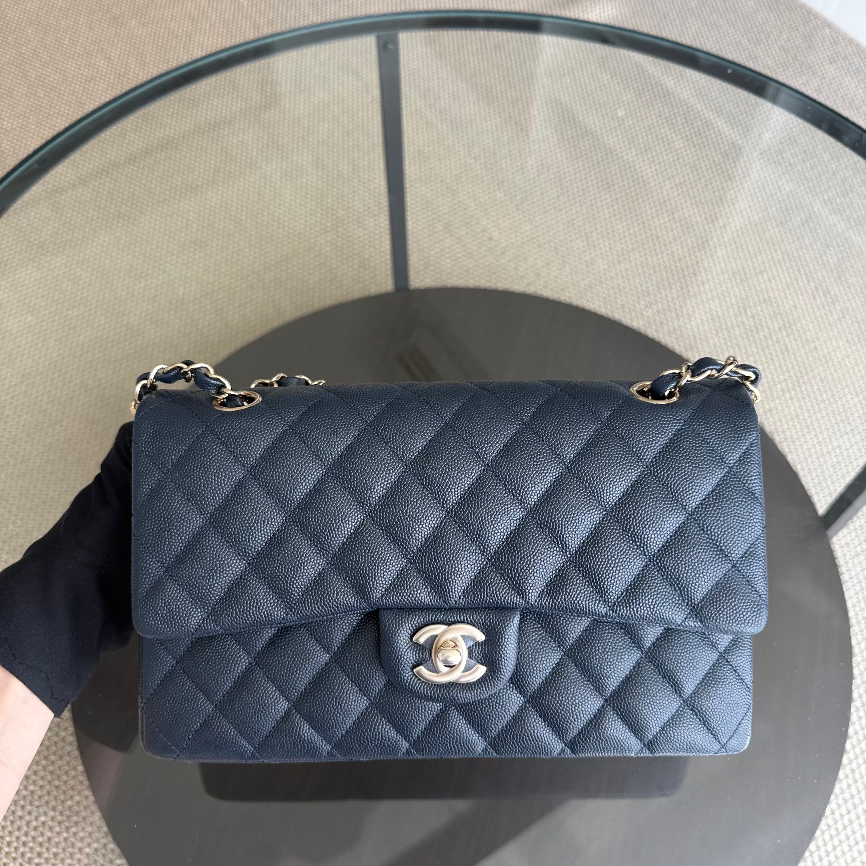 Chanel Classic Flap Medium - Caviar 25CM Quilted Dark Navy Blue Light Gold Hardware Series 26