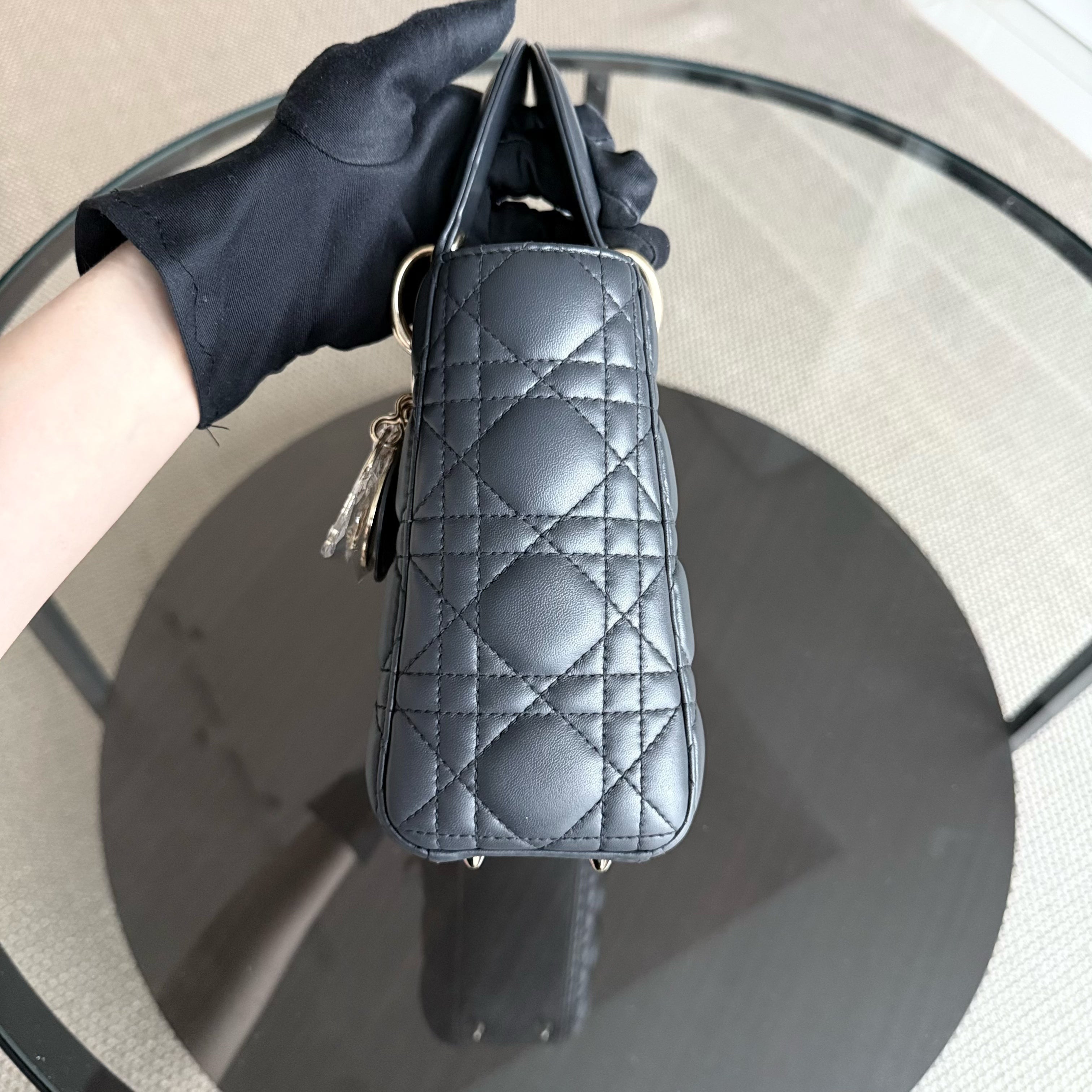 Dior Lady Small - Cannage Lambskin Dark Grey Gray Charcoal Gold Hardware