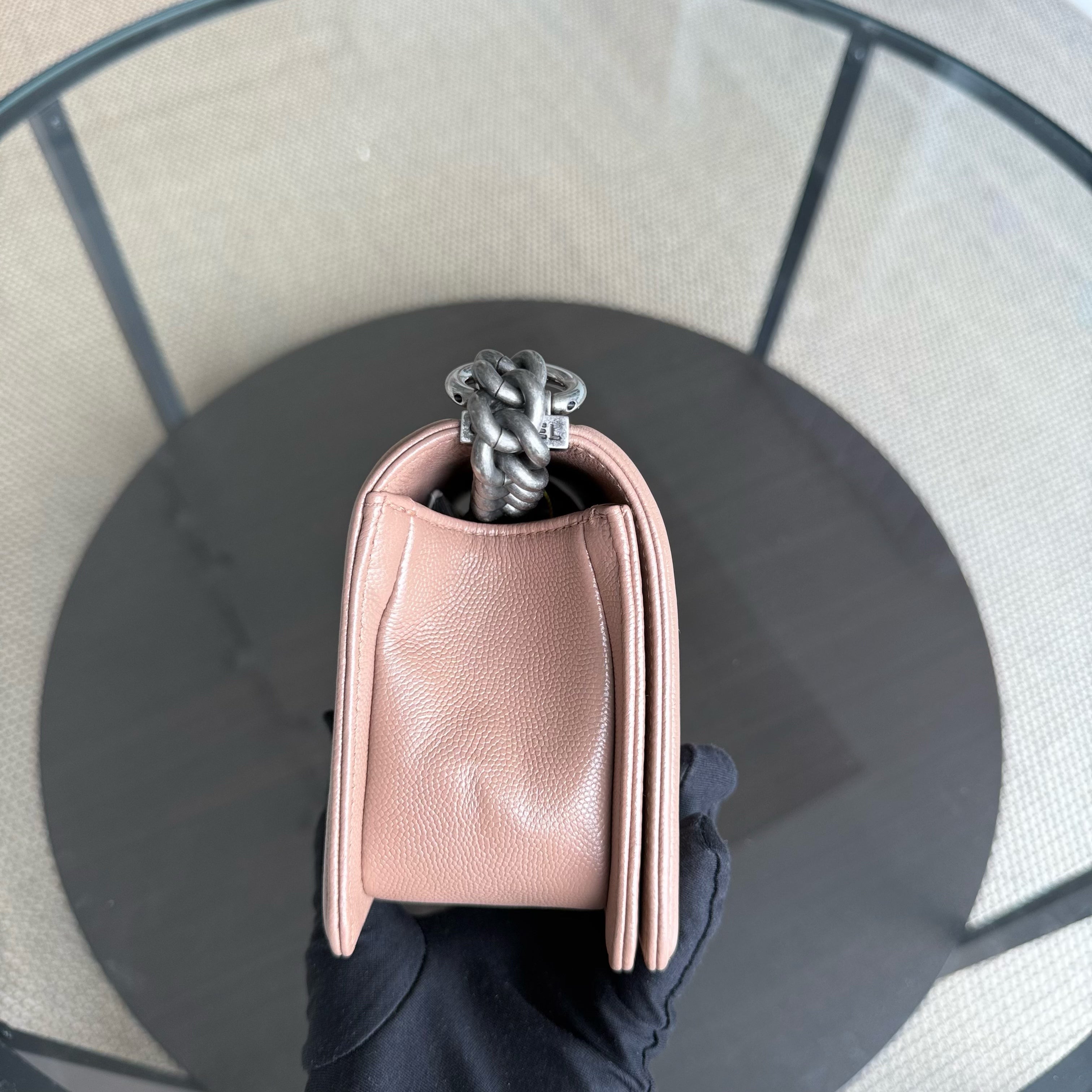 Chanel Boy Small - Caviar Chevron 23CM Dark Beige Blush Ruthenium Silver Hardware Series 24