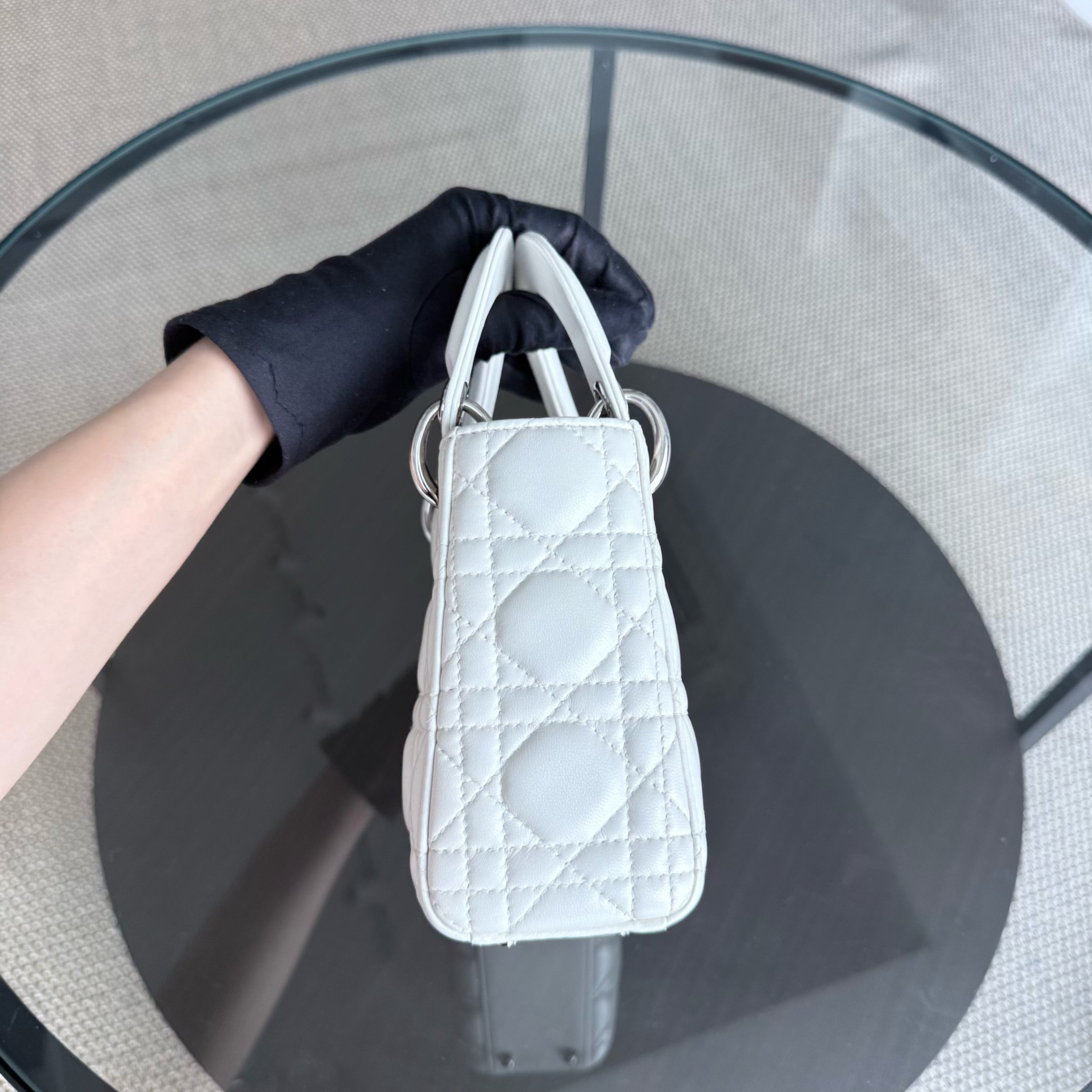 Dior Lady Mini - Cannage Lambskin White Silver Hardware Chain Strap