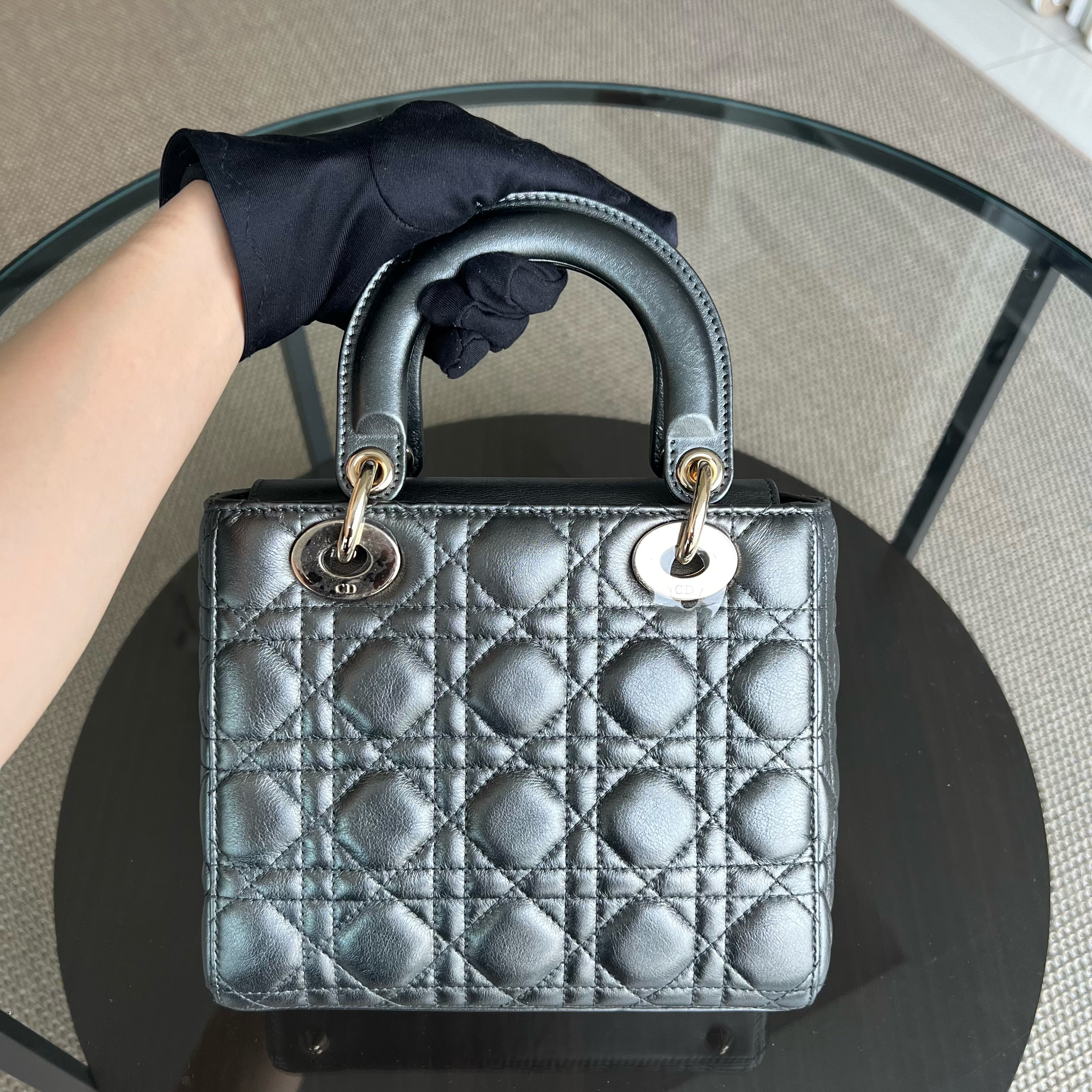 *ABC Strap* Dior Lady Small MyABC Cannage Calfskin Metallic Gunmetal Grey Golden Hardware