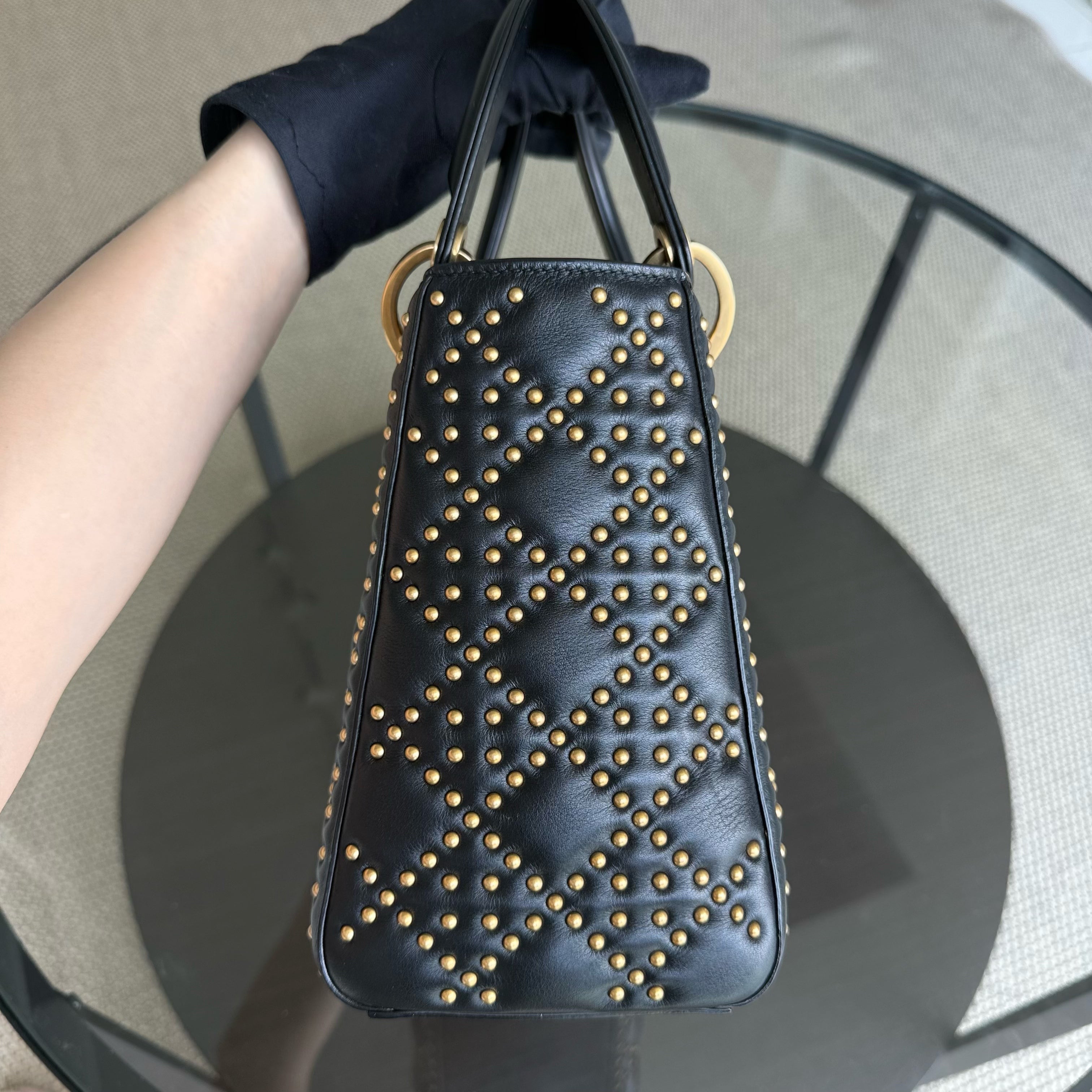 Dior Lady Medium Flap - Studded Cannage Calfskin Black Gold Hardware