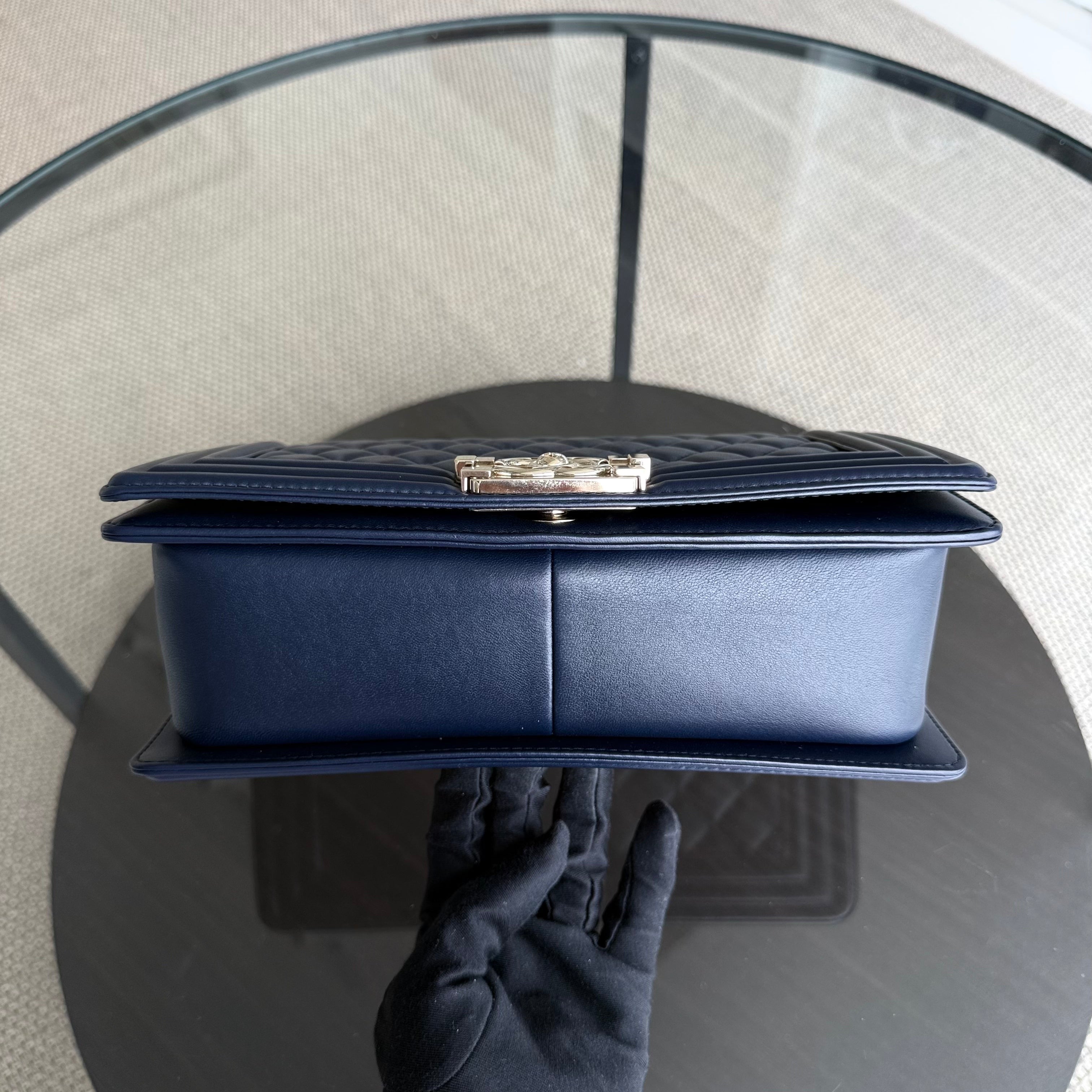 Chanel Boy Medium - 25CM Quilted Lambskin Dark Navy Blue Gold Hardware Series 22