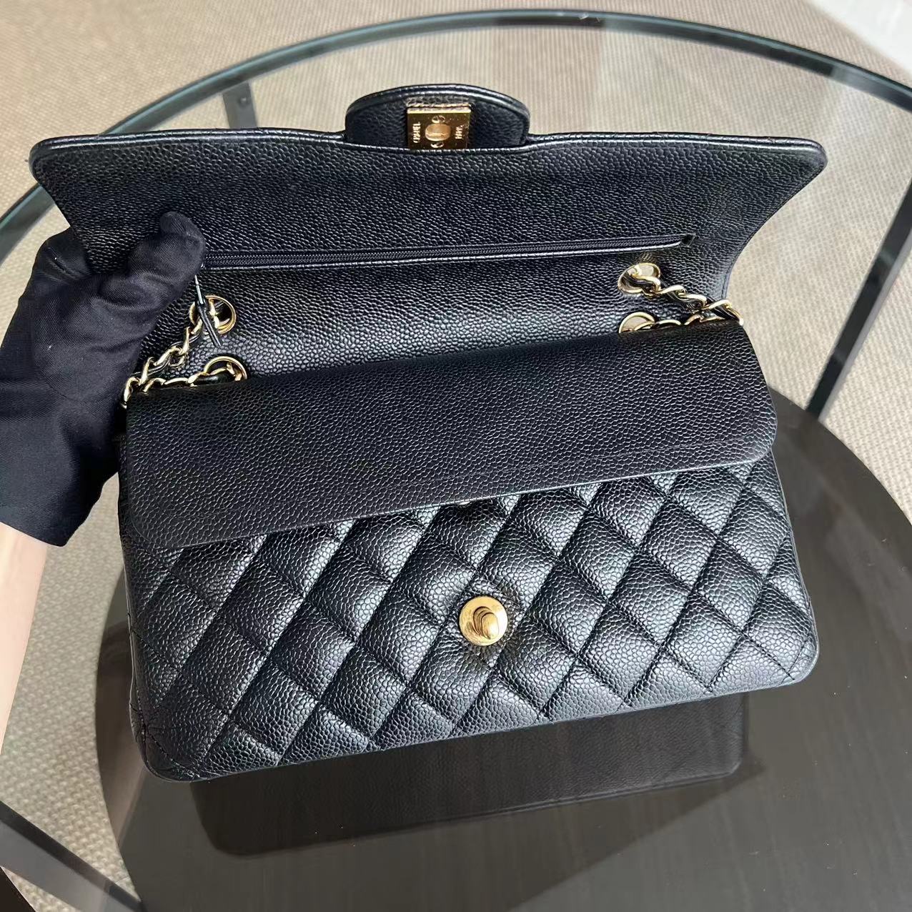 Caviar Medium Classic Flap Double Flap Quilted Black Golden Hardware Series 13