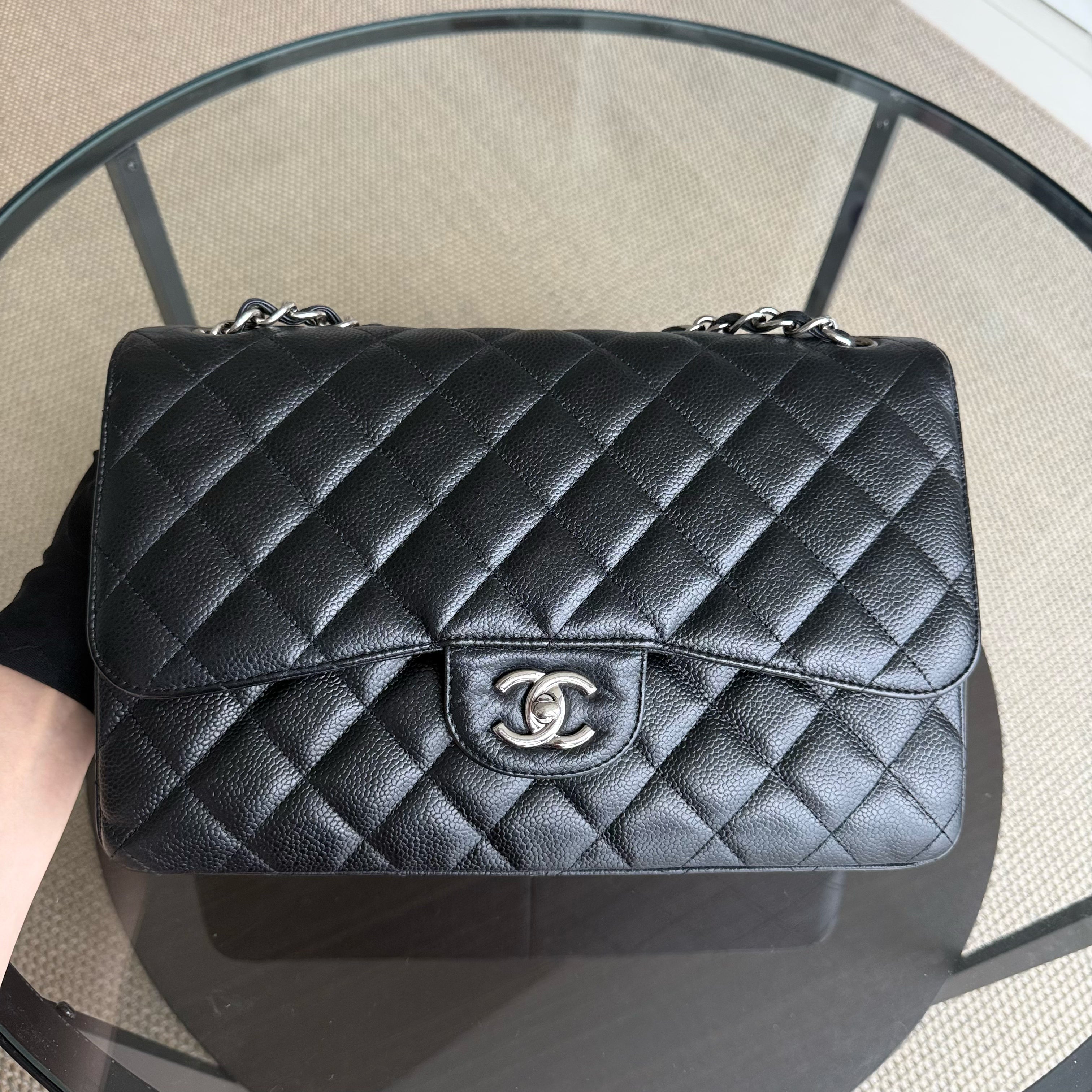 Chanel Classic Flap Jumbo - Caviar 30CM Double Flap Quilted Black Silver Hardware Series 18