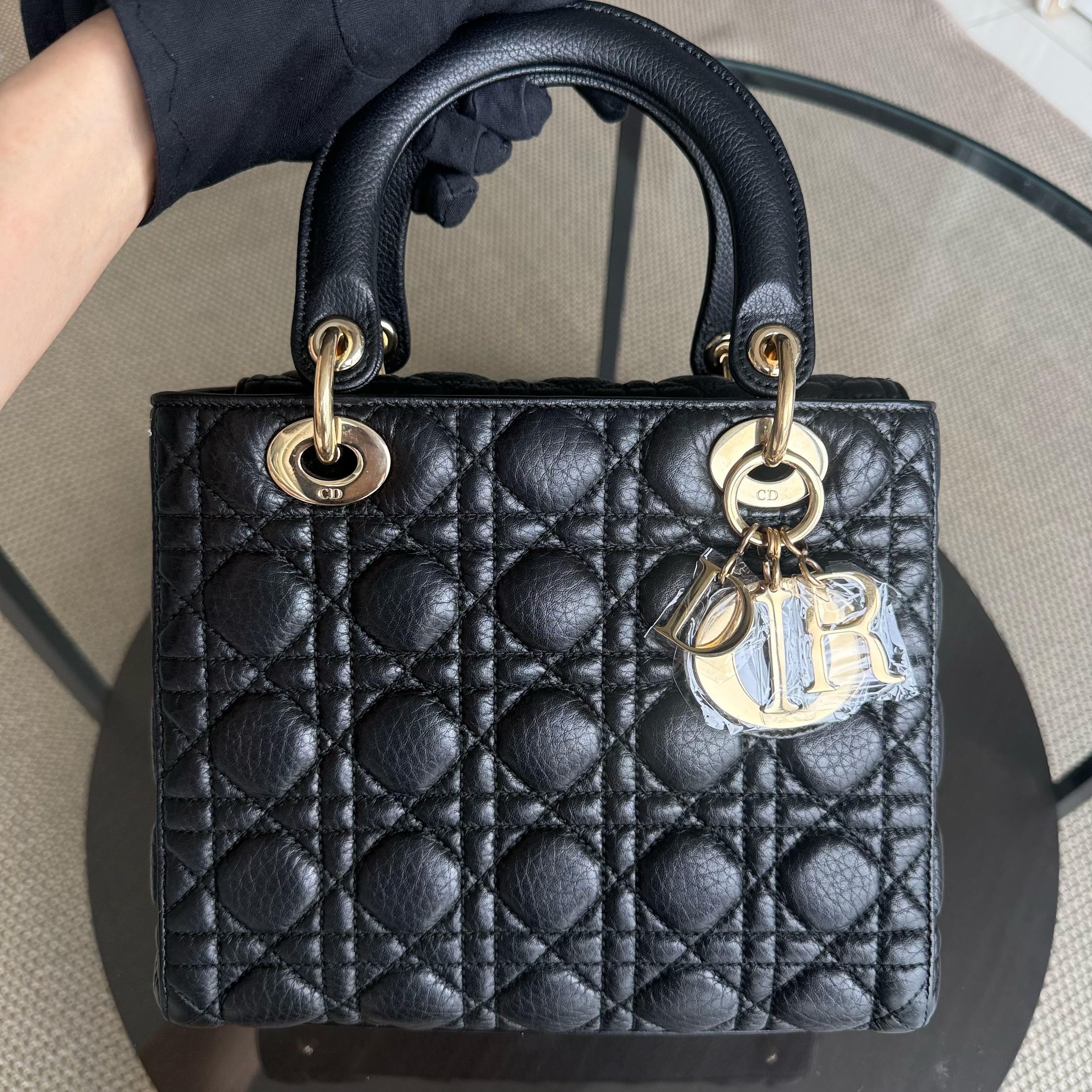 Dior Lady Medium Flap - Cannage Grained Calfskin Black Gold Hardware