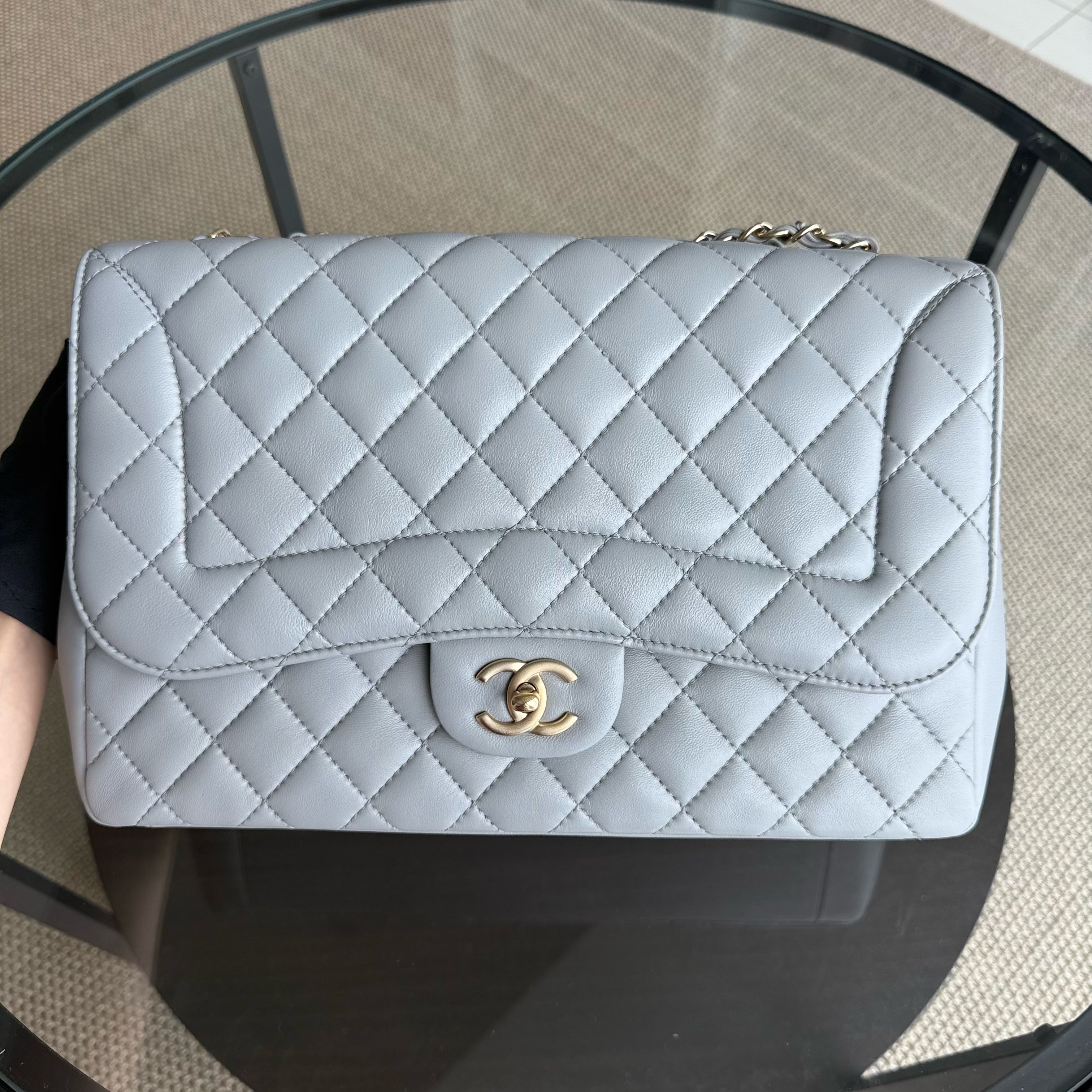 Chanel Mademoiselle Chic Flap Large - 30CM Quilted Lambskin Grey Gray Light Gold Hardware Series 21