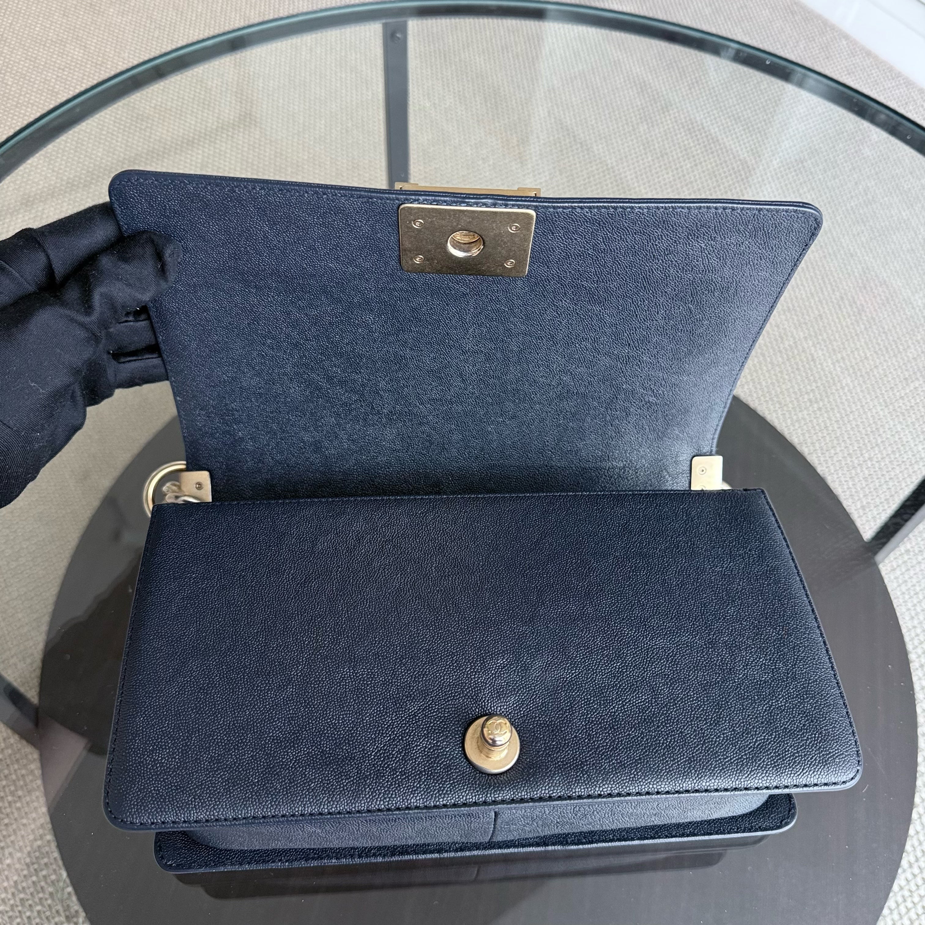 Chanel Boy Medium - Caviar 25CM Quilted Midnight Dark Blue Gold Hardware Series 27