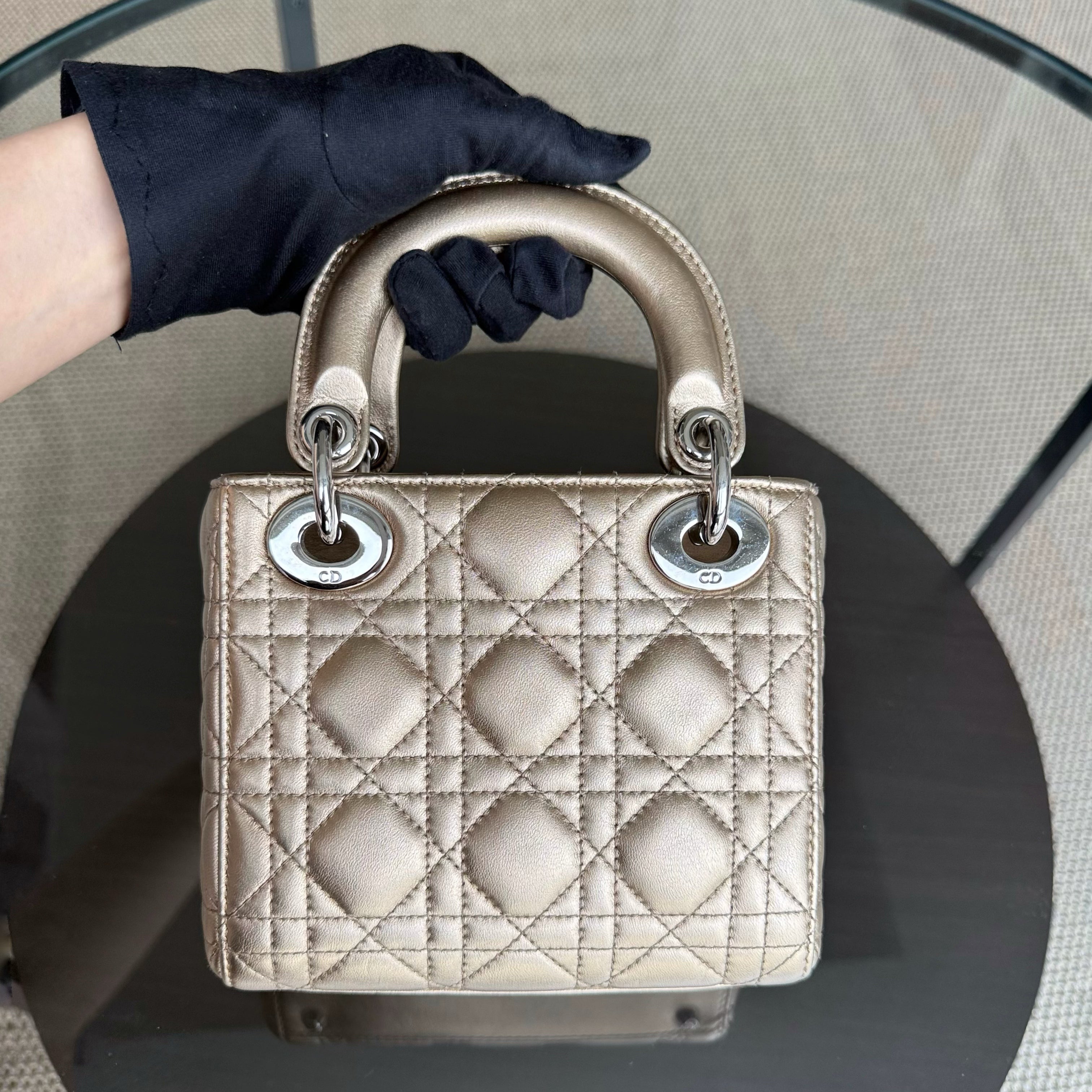Dior Lady Mini - Cannage Lambskin Gold Silver Hardware Chain Strap
