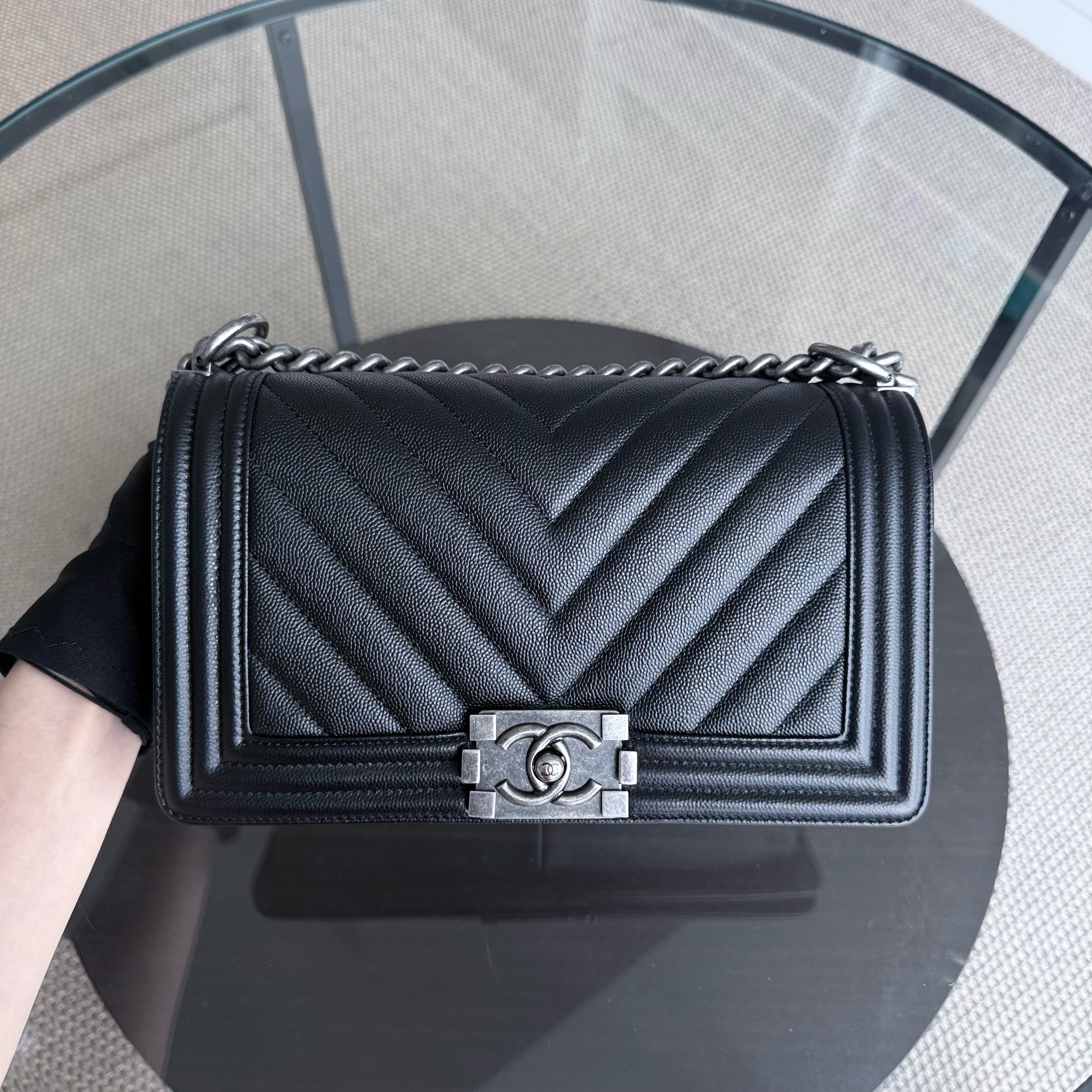 Chanel Boy Medium - Caviar 25CM Chevron Black Ruthenium Silver Hardware Series 24