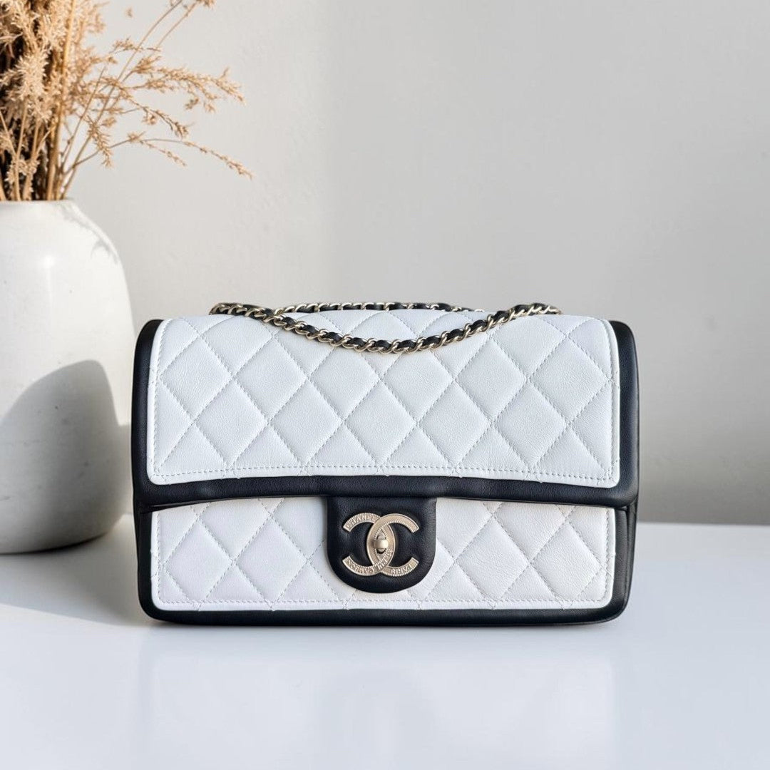 Chanel Seasonal Flap - 25CM Quilted Lambskin Bi-Color White Black Gold Hardware