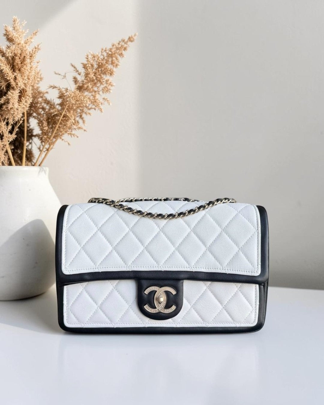 Chanel Seasonal Flap - 25CM Quilted Lambskin Bi-Color White Black Gold Hardware