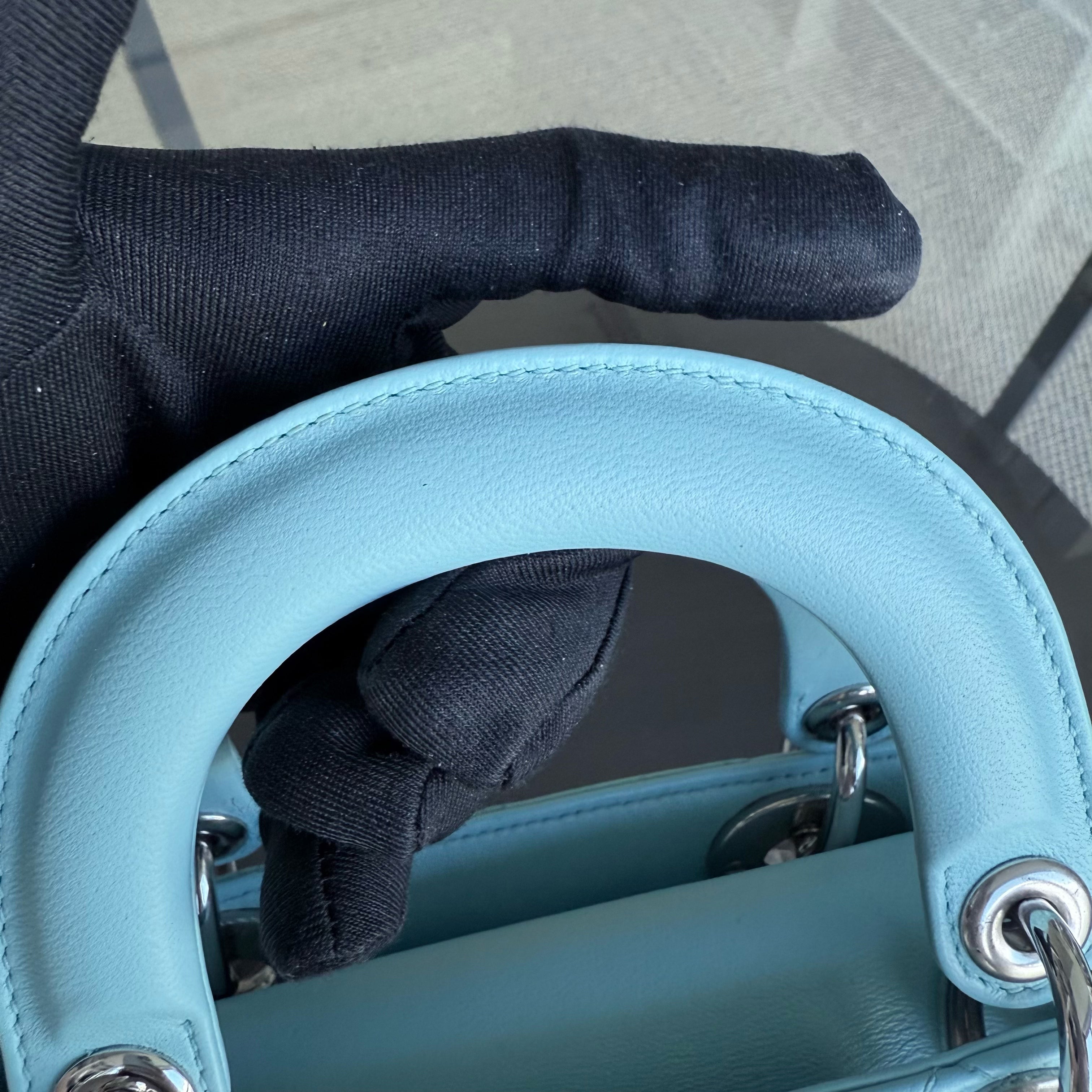 Dior Lady Mini - Cannage Lambskin Light Blue Silver Hardware Adjustable strap