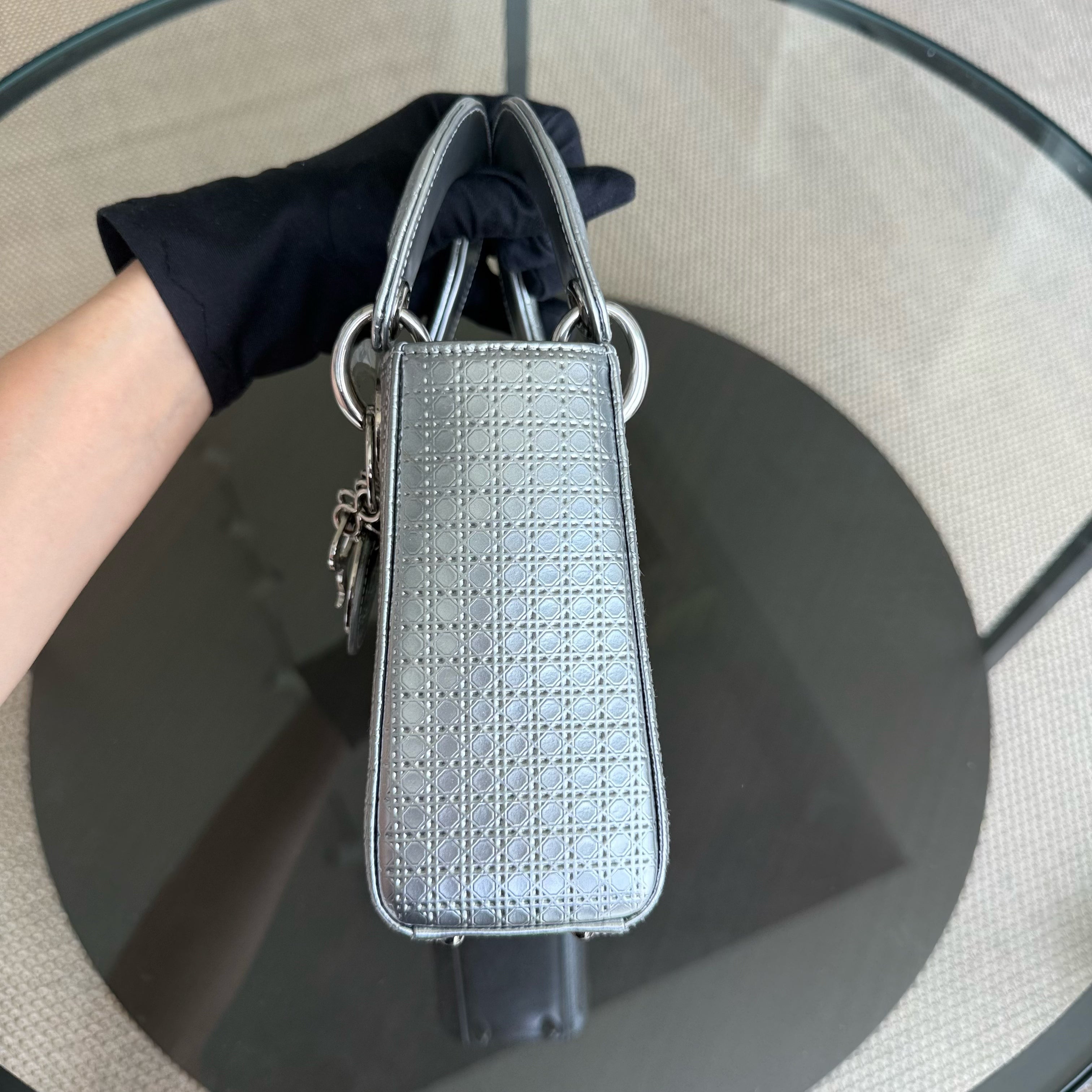 Dior Lady Mini - Micro Cannage Metallic Silver Hardware Adjustable Strap