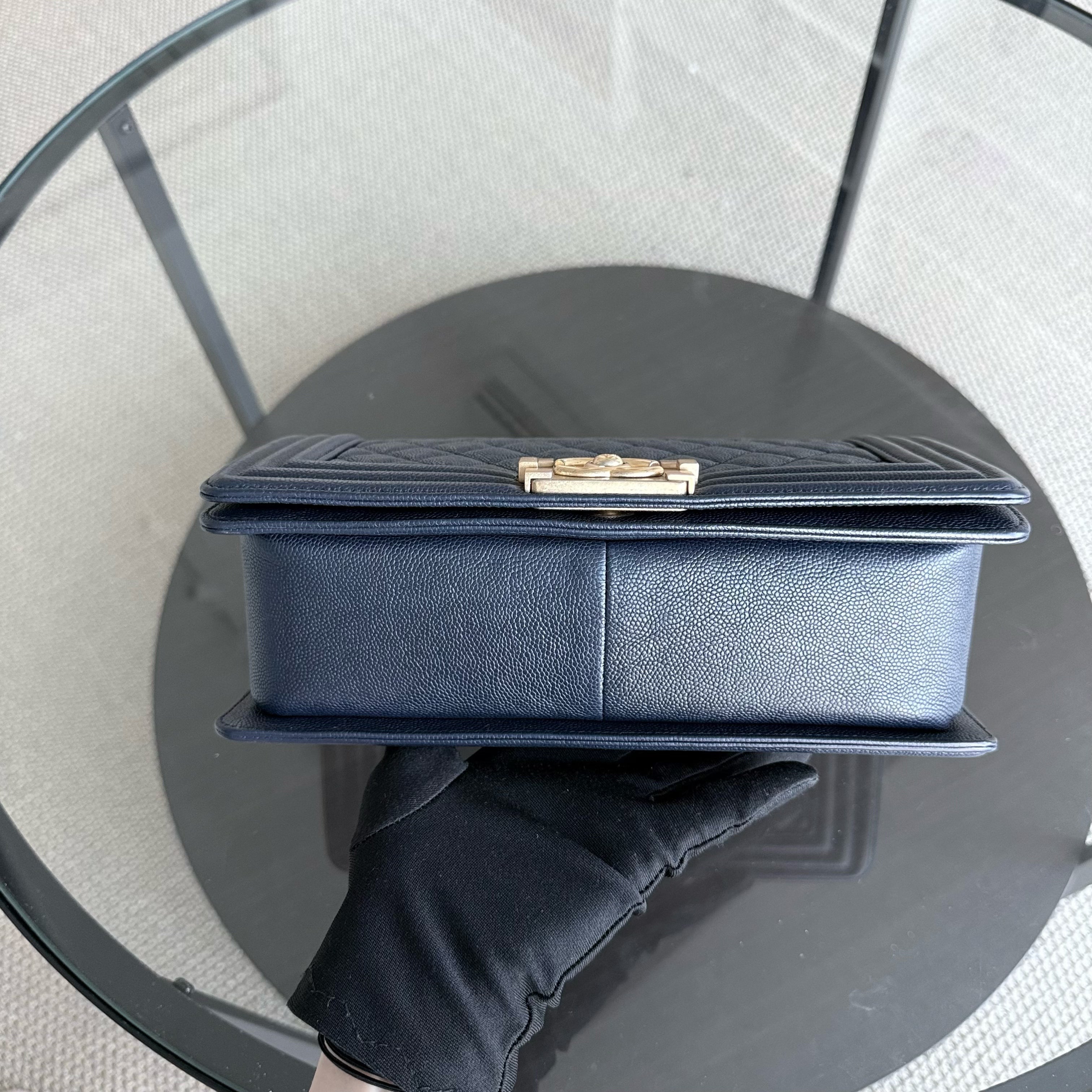 Chanel Boy Medium - Caviar 25CM Quilted Dark Blue Gold Hardware Series 25