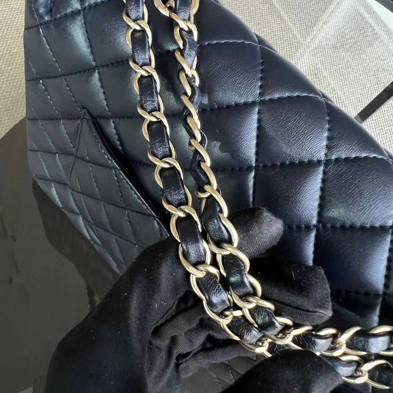 Chanel Chic Flap Jumbo Mademoiselle Quilted Lambskin Dark Blue Golden Hardware Series 21