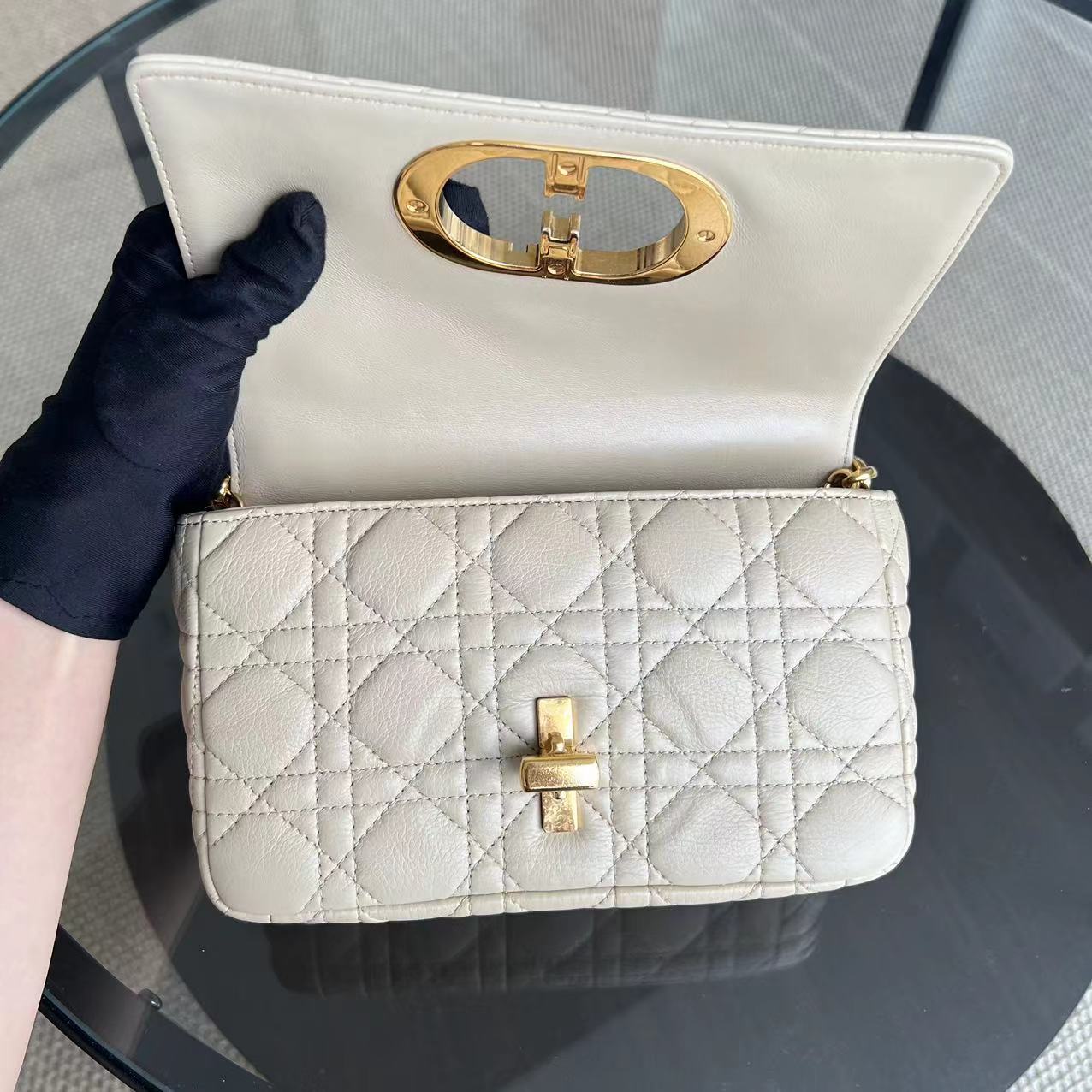 Dior Caro Small - Cannage Grained Calfskin Beige Golden Hardware