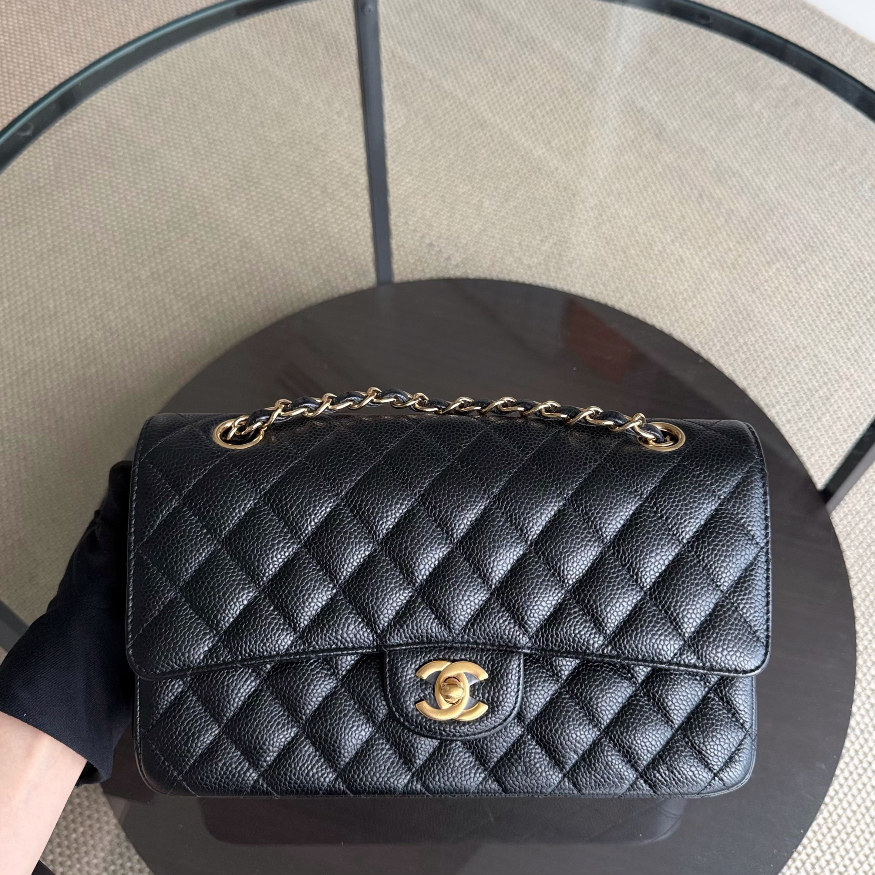 Chanel Classic Flap Medium - Caviar 25CM Quilted Grained Calfskin Black Gold Hardware Series 25