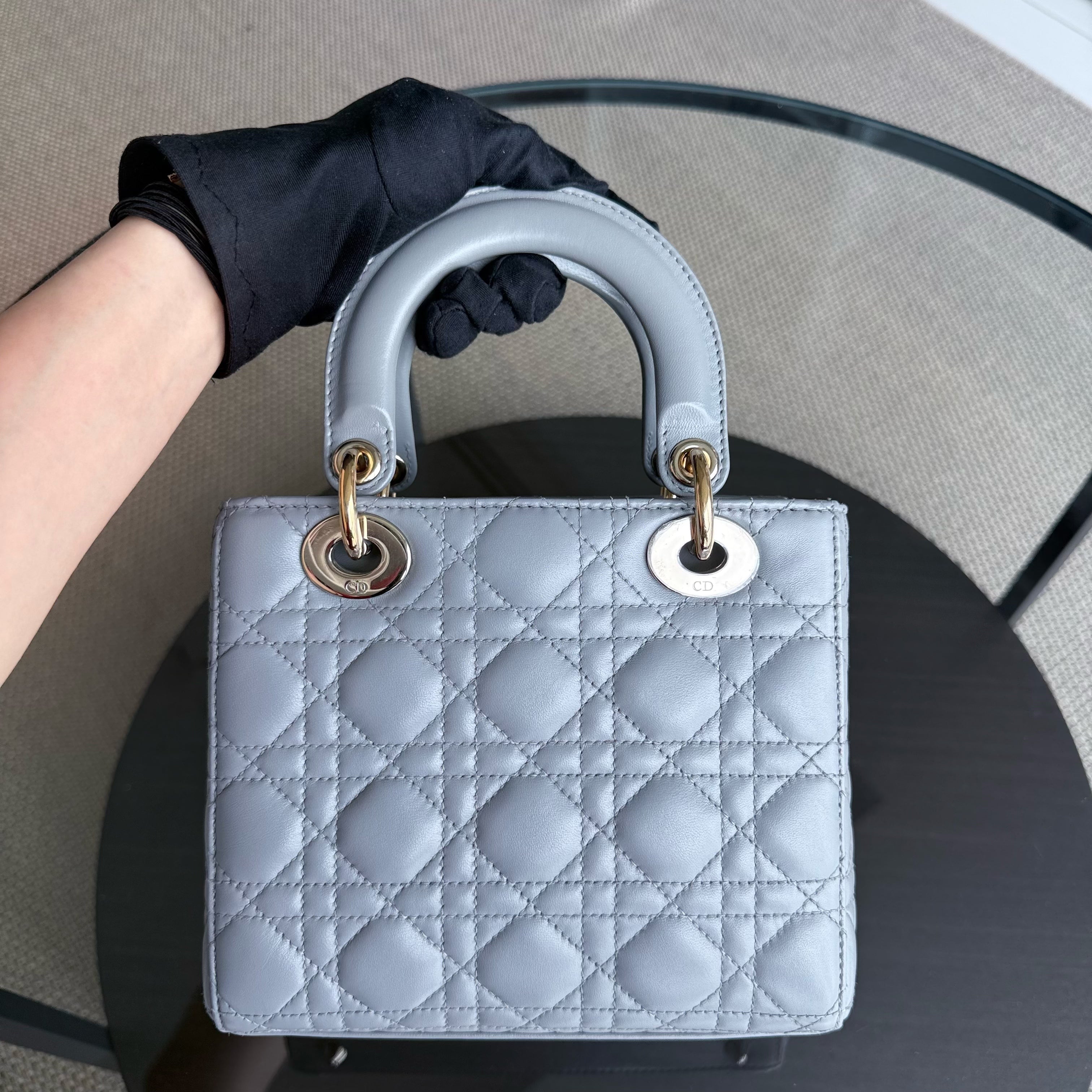 Dior Lady Small - Cannage Lambskin Light Grey Gray Gold Hardware