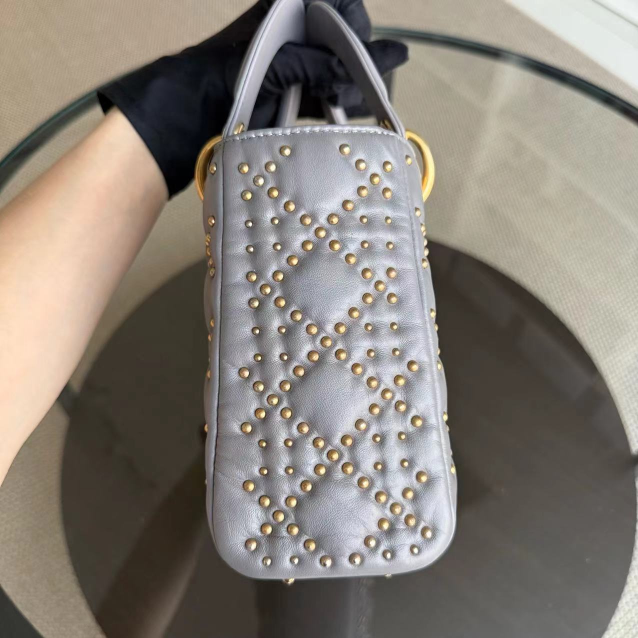 Dior Small Lady Shoulder Bag - Studded Cannage Grey Gray Golden Hardware