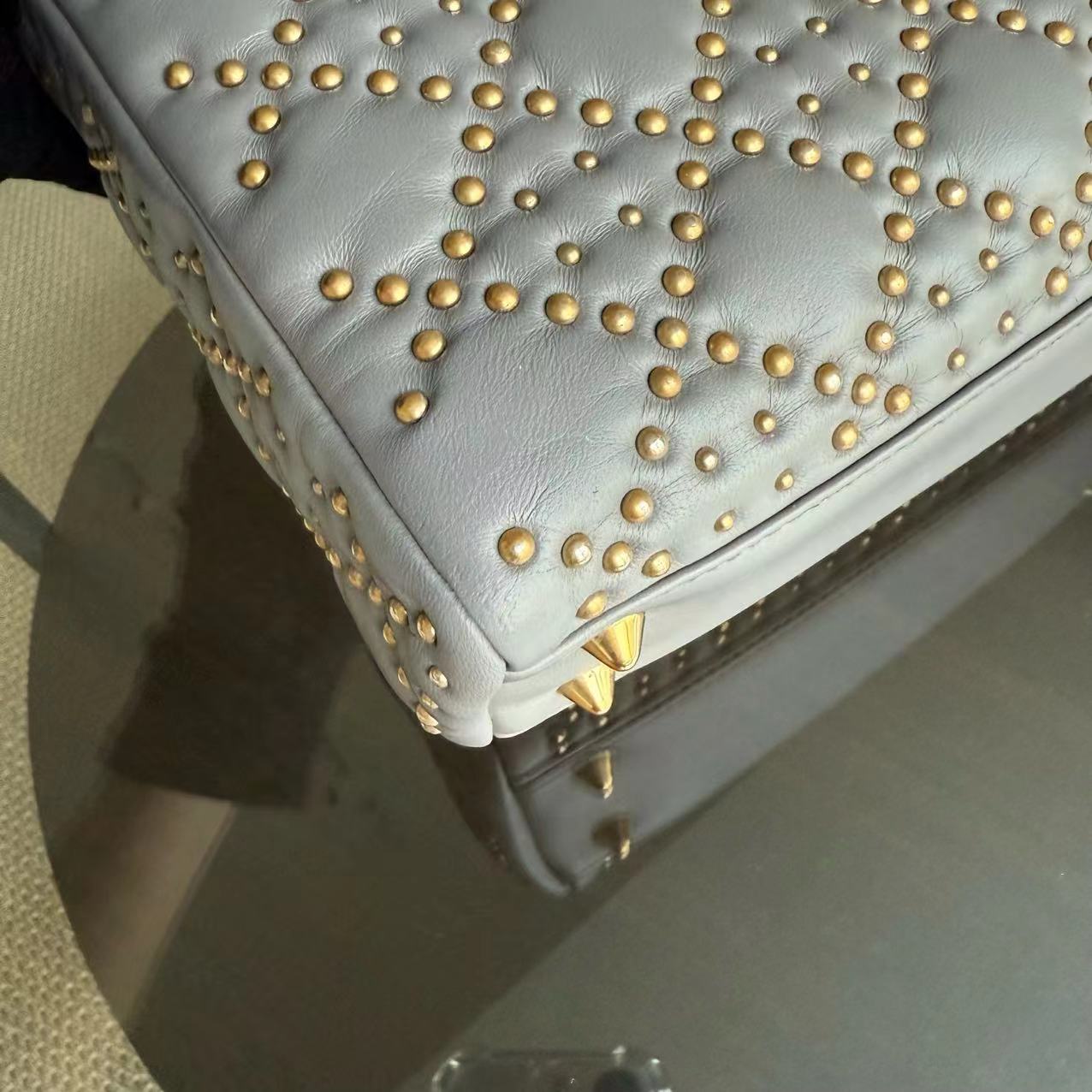 Dior Small Lady Shoulder Bag - Studded Cannage Grey Gray Golden Hardware