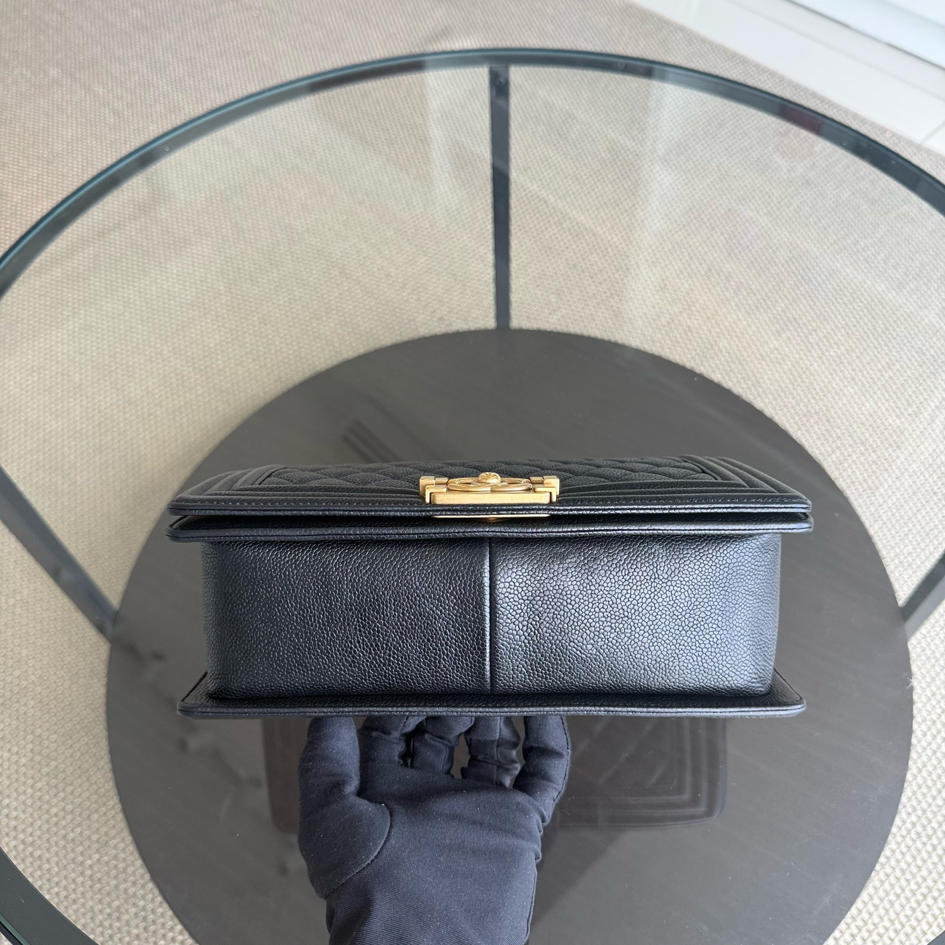 Chanel Boy Medium - Caviar 25CM Quilted Black Aged Gold Hardware Series 23