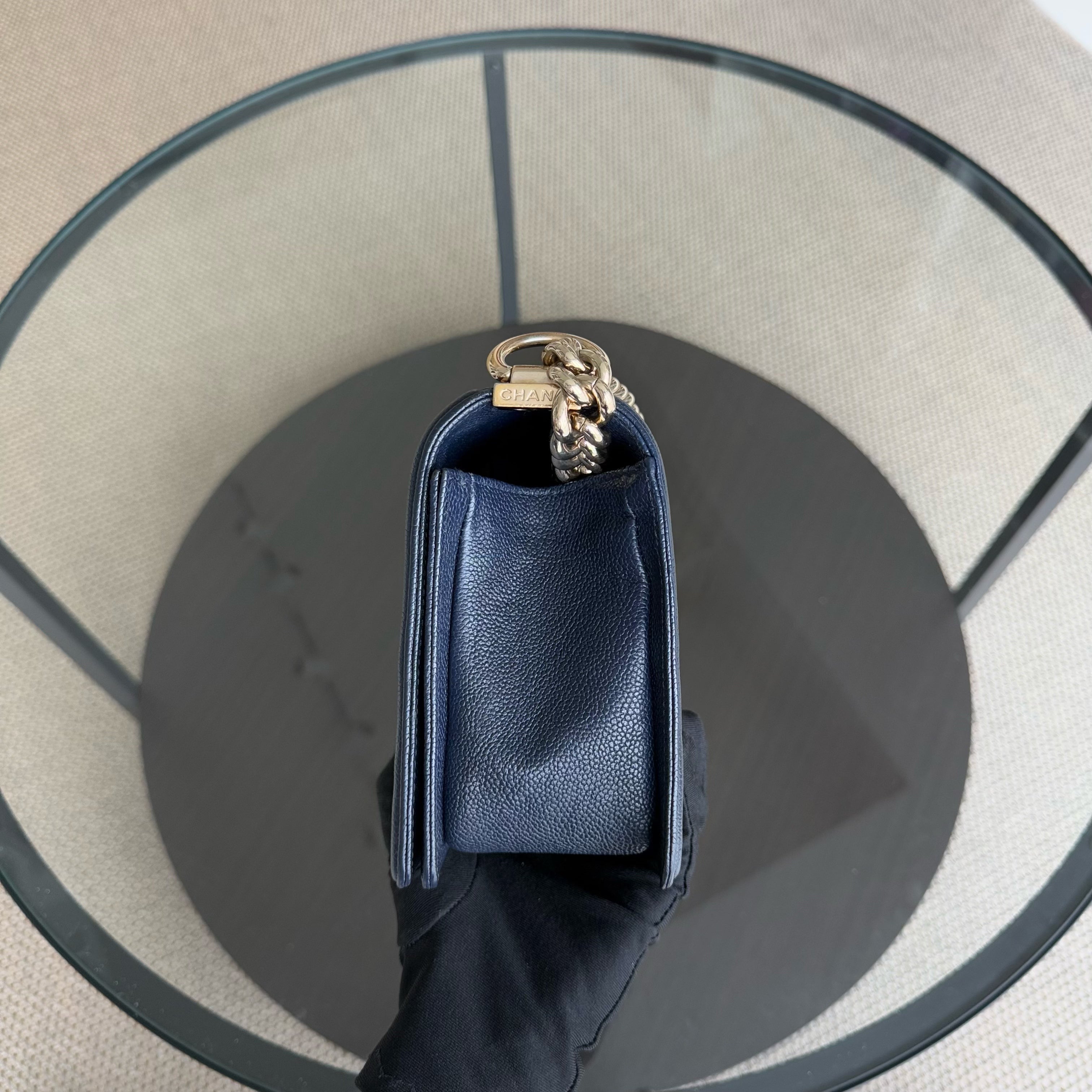 Chanel Boy Medium - Caviar 25CM Chevron Dark Navy Blue Gold Hardware Series 24