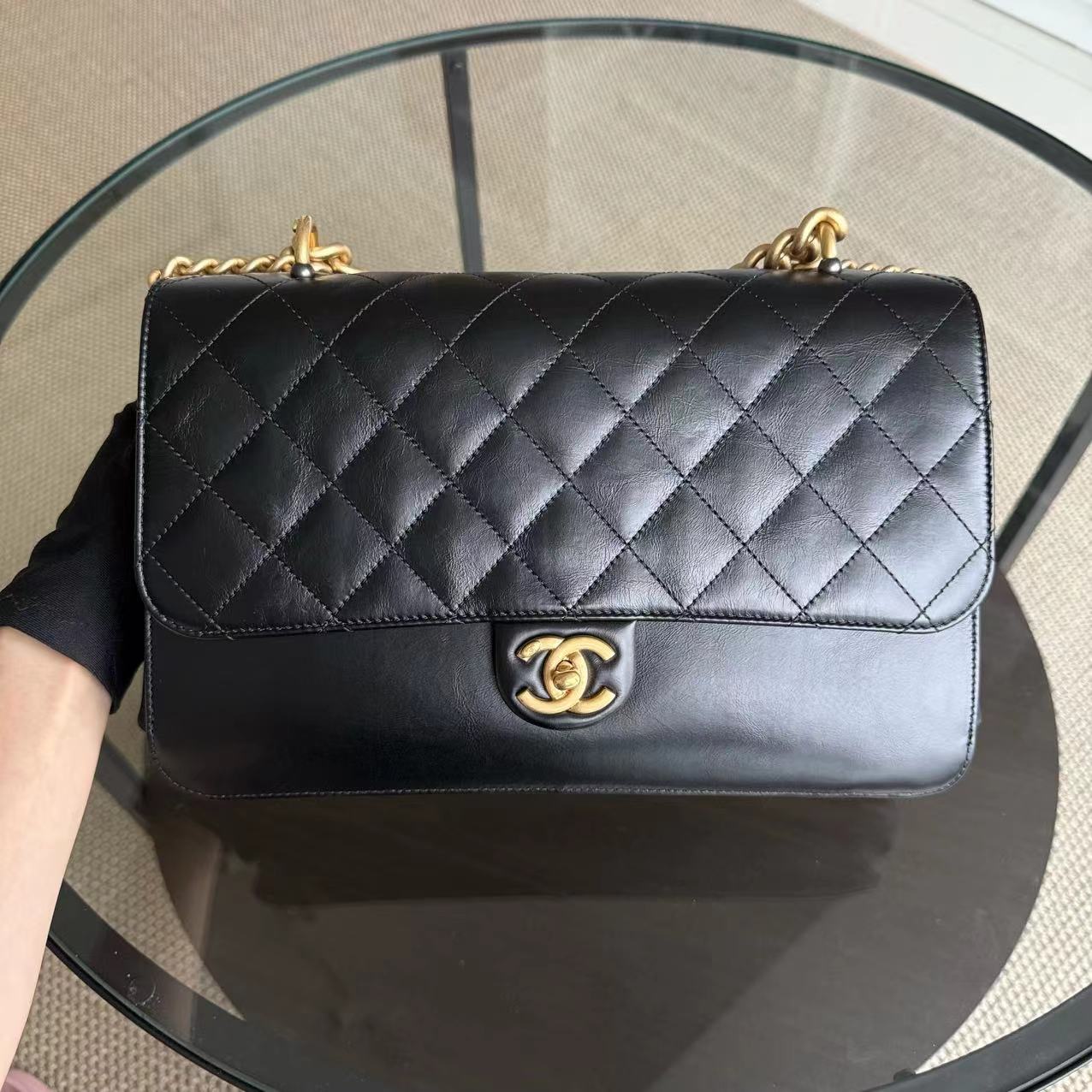 Chanel Seasonal Flap Jumbo - 30CM Glazed Calfskin Quilted Straight Line Black Gold Hardware Series 23