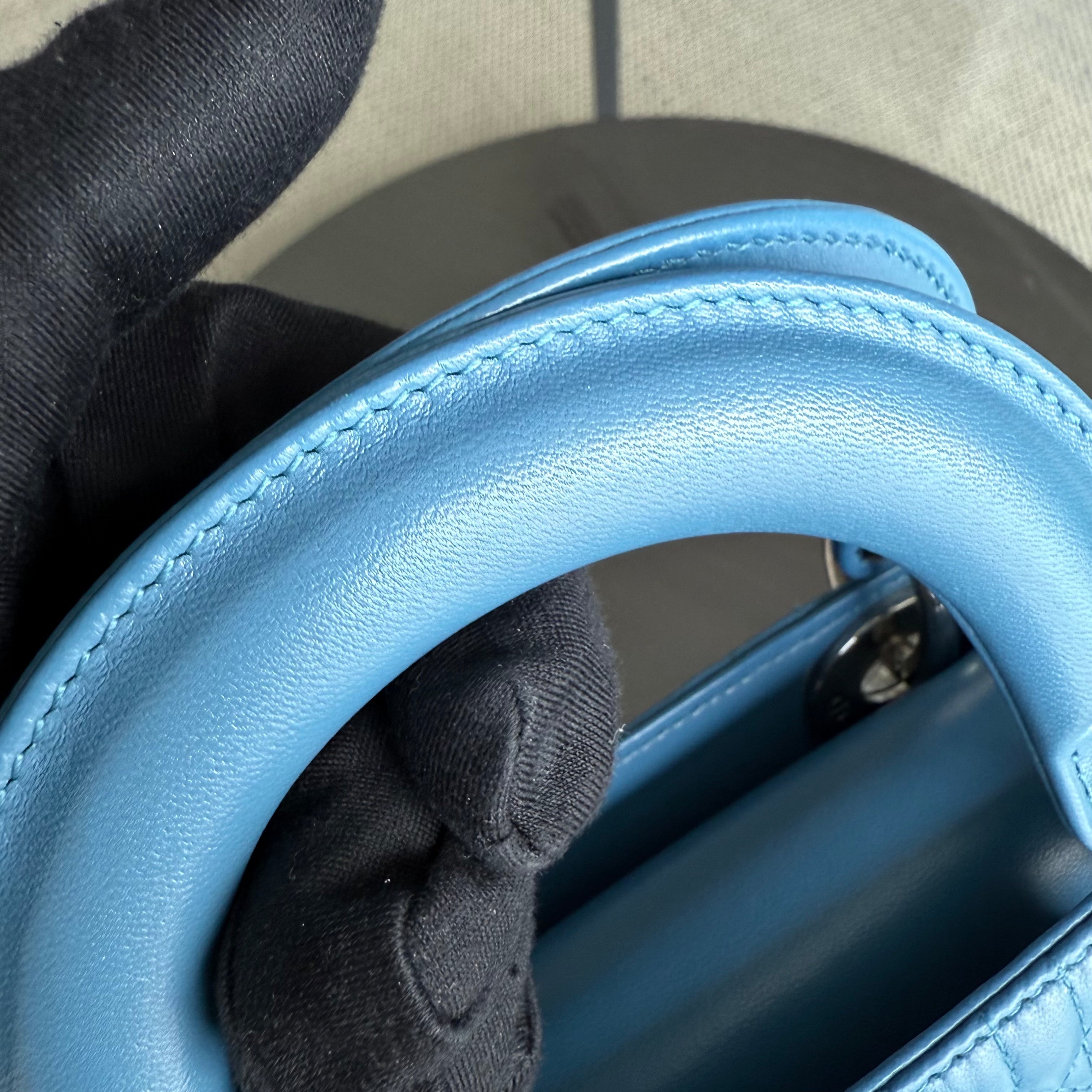 Dior Lady Mini - Cannage Lambskin Blue Silver Hardware Adjustable Strap