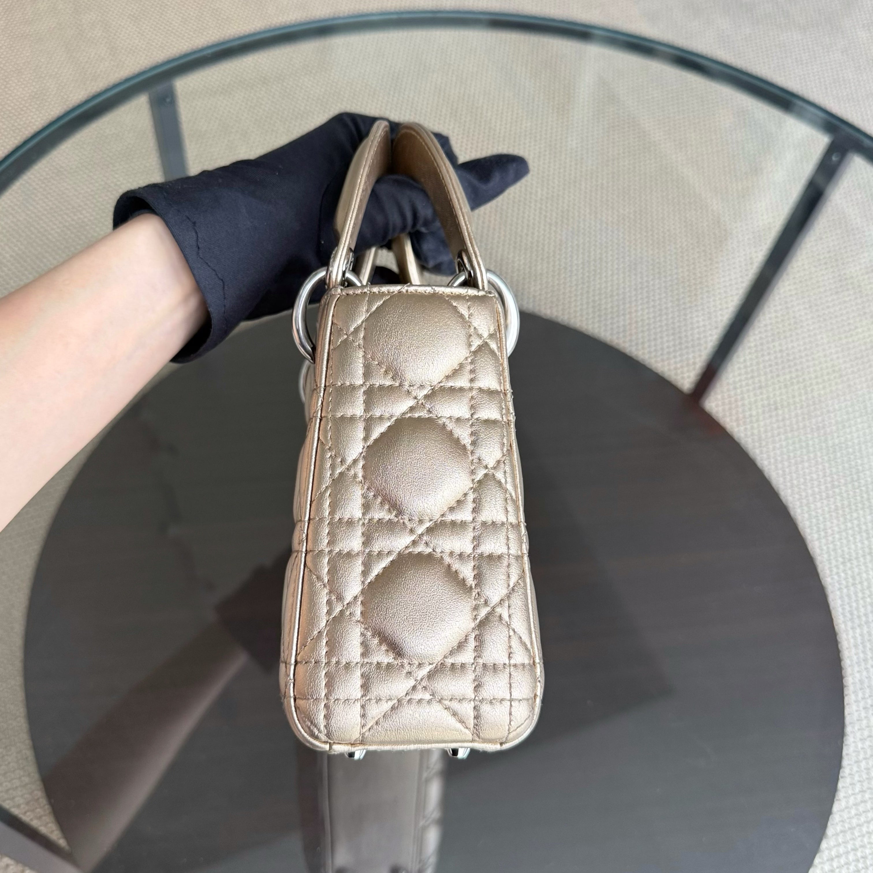 Dior Lady Mini - Cannage Lambskin Gold Silver Hardware Chain Strap