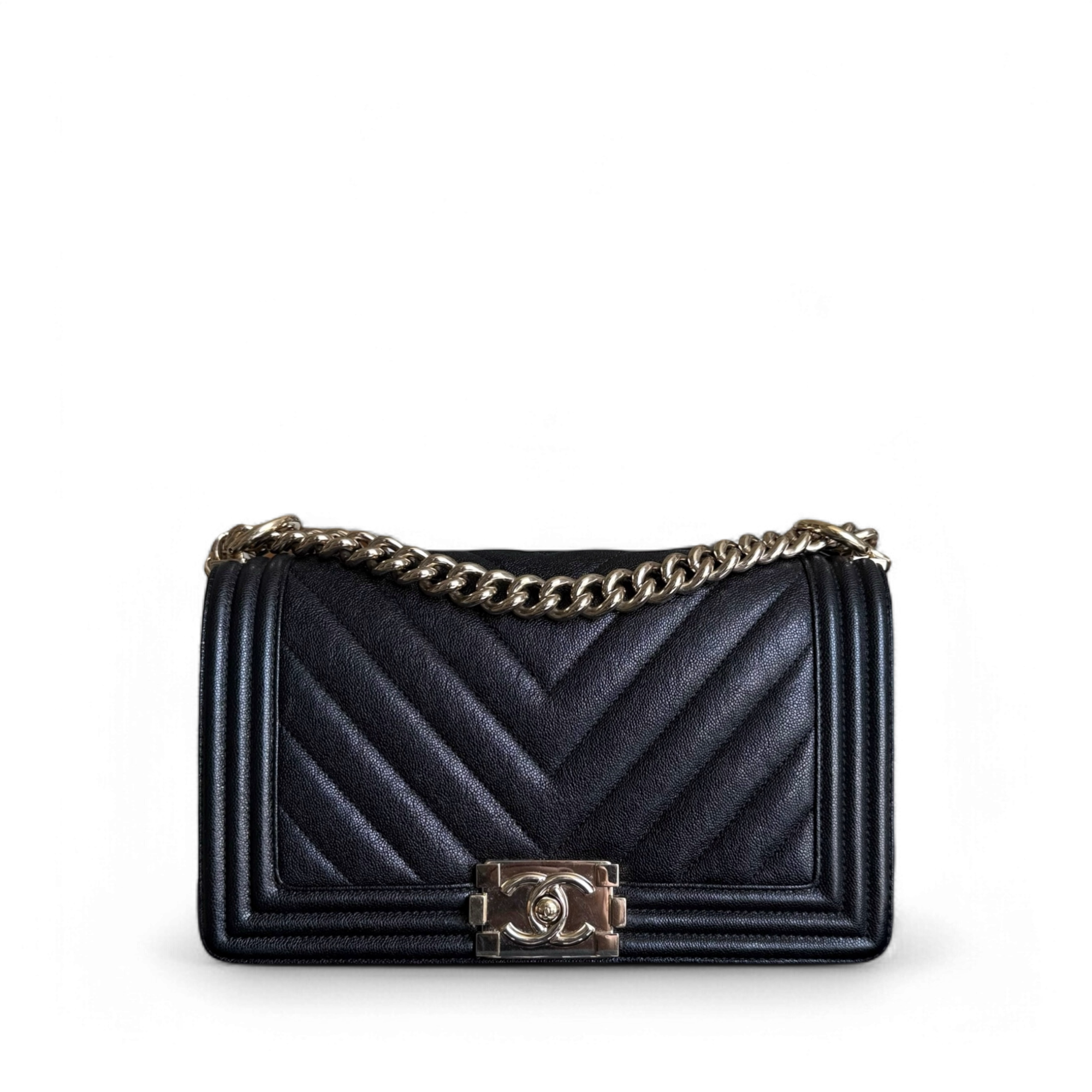 Chanel Boy Medium - Caviar 25CM Chevron Black Gold Hardware Series 28