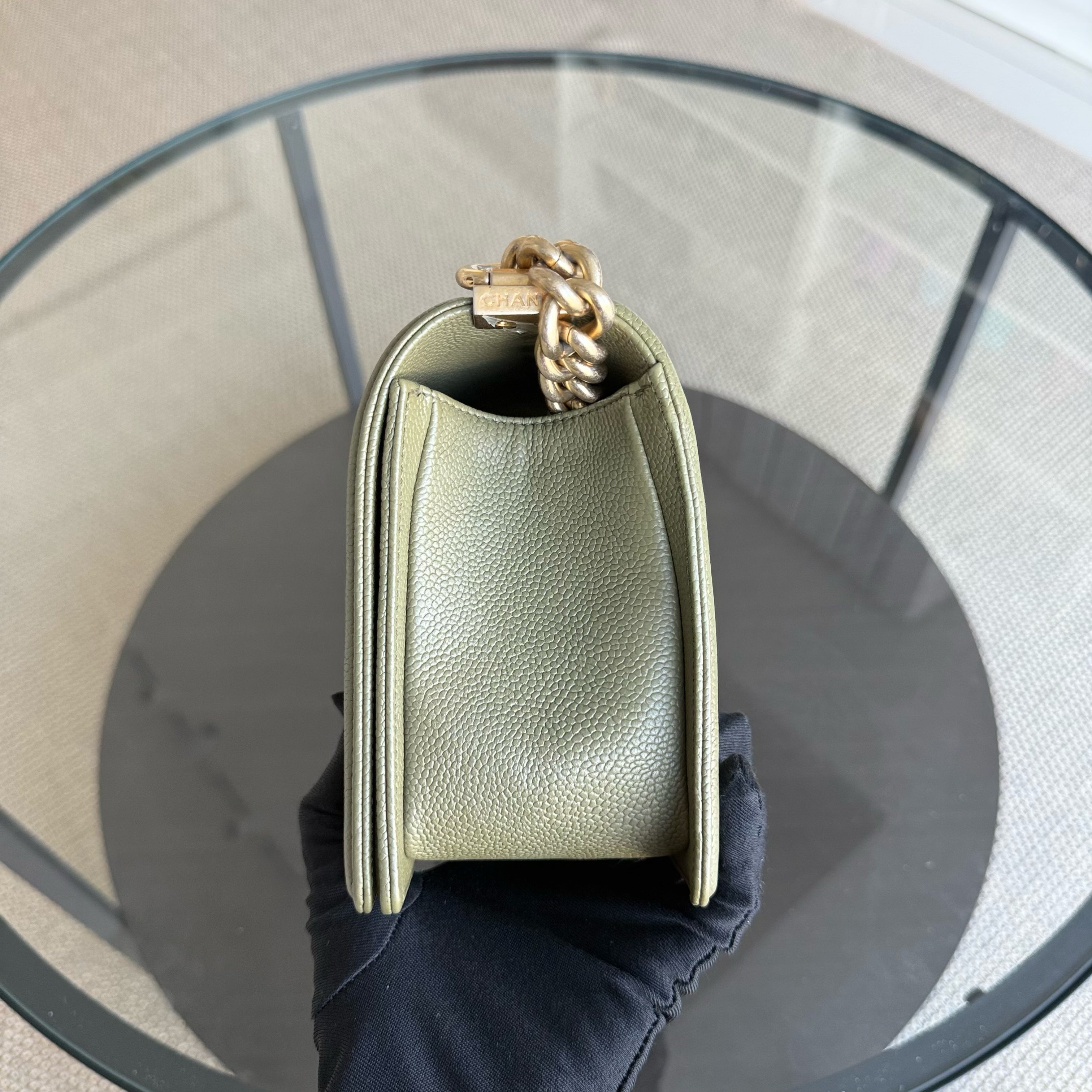 Chanel Boy Medium - Caviar 25CM Quilted Green Gold Hardware Series 23