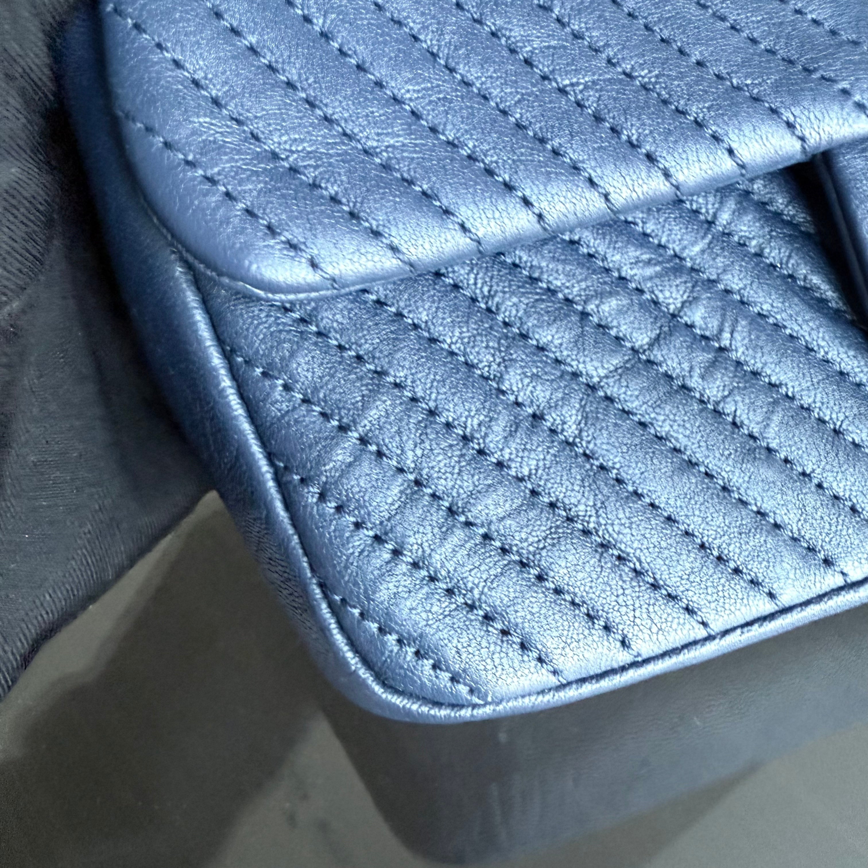 Chanel Seasonal Flap Herringbone - 23CM Calfskin Chevron Blue Distressed Aged Gold Hardware Series 21